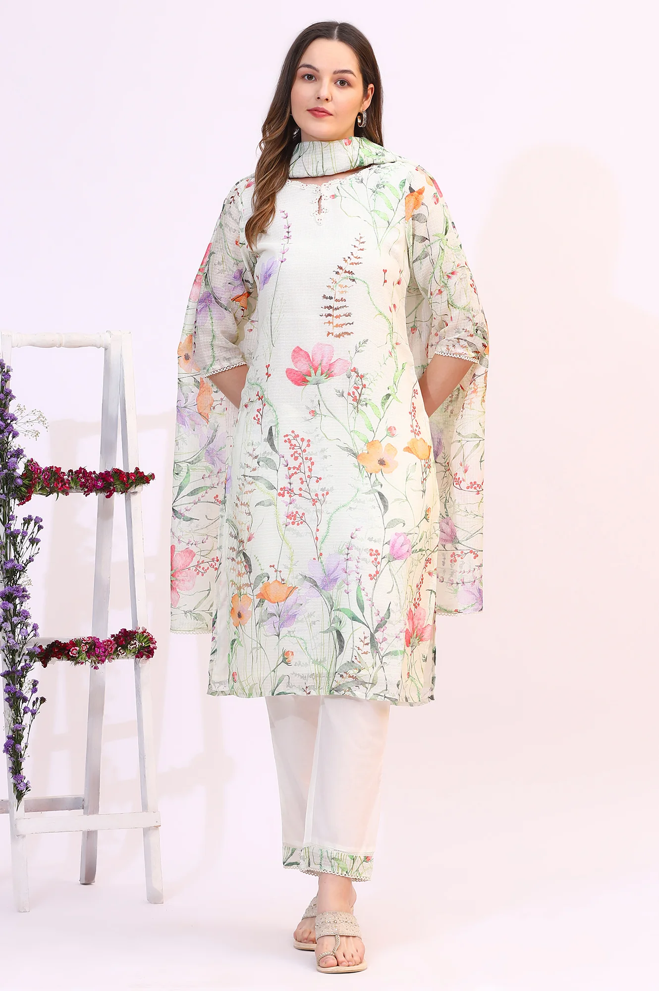 Cream Floral Printed Kota Straight Kurta, Pants and Dupatta Set - Image 3