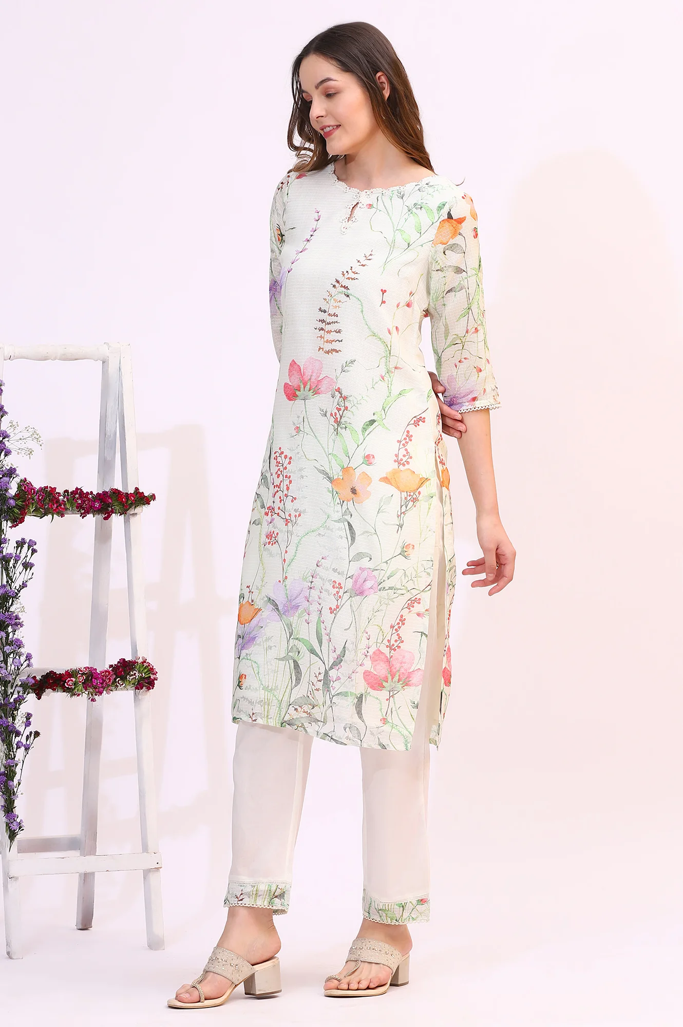 Cream Floral Printed Kota Straight Kurta, Pants and Dupatta Set - Image 5