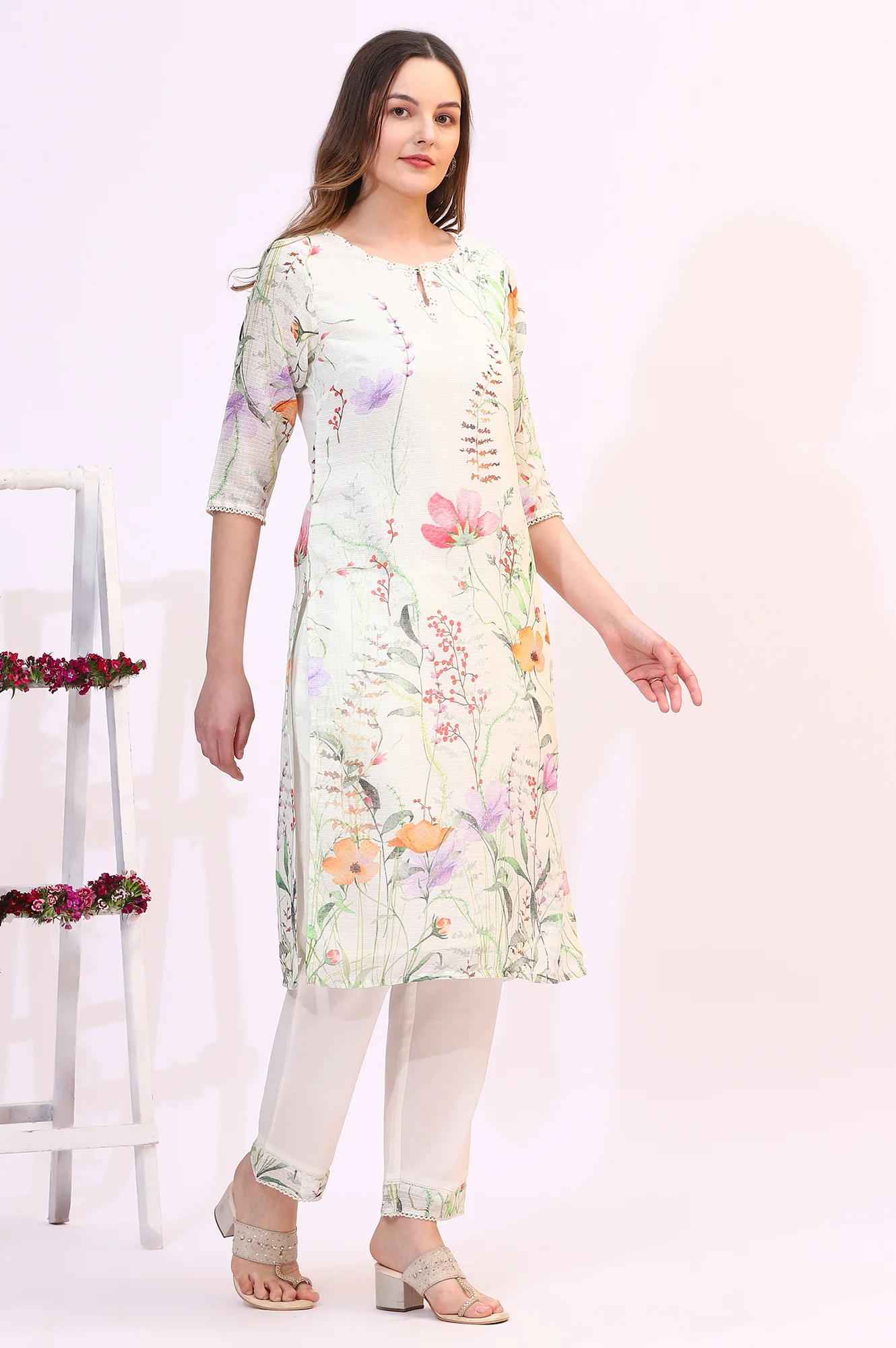 Cream Floral Printed Kota Straight Kurta, Pants and Dupatta Set - Image 7