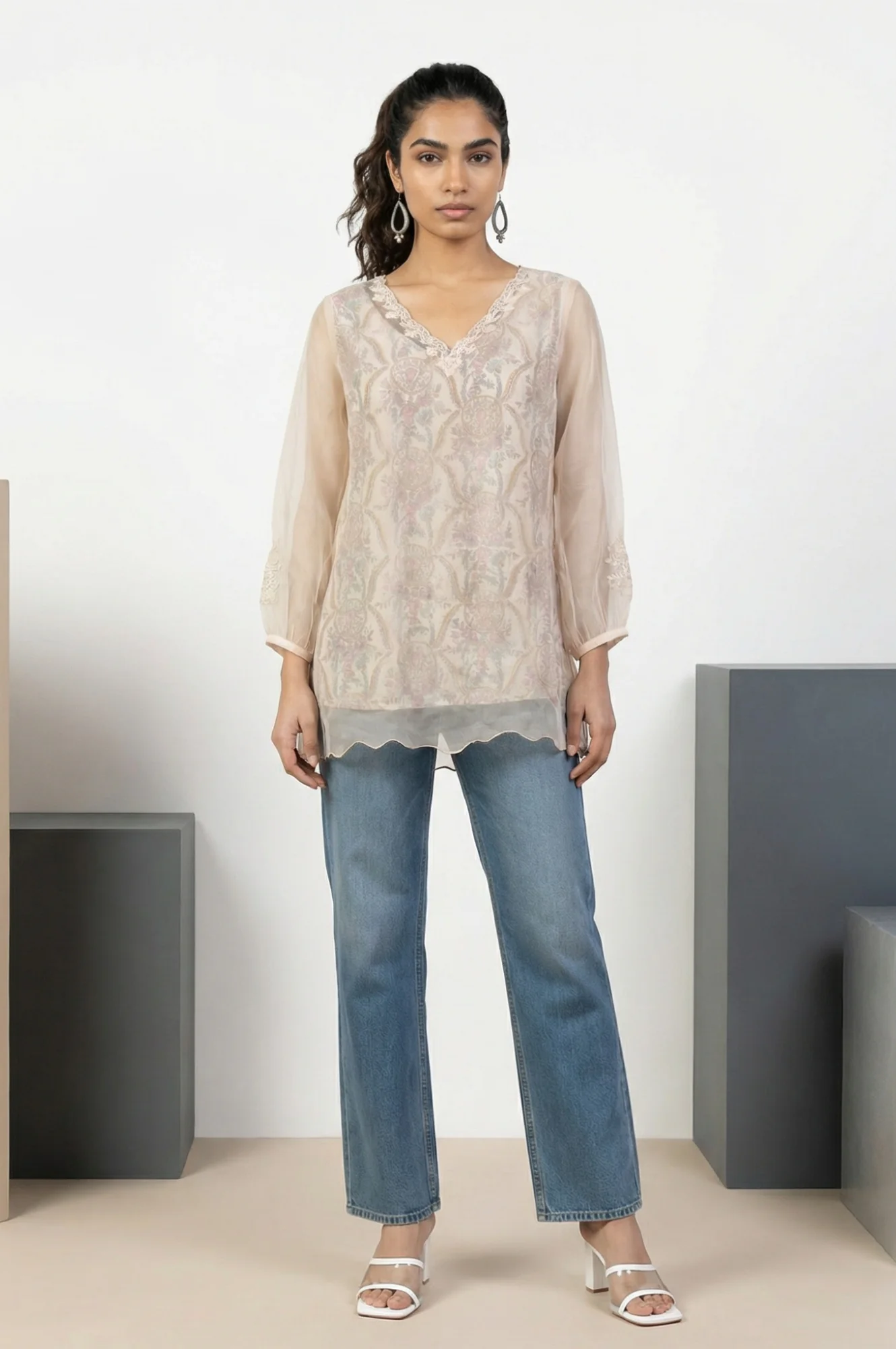 Cream Floral Printed Lace Organza Straight Top with Printed Slip - Image 3