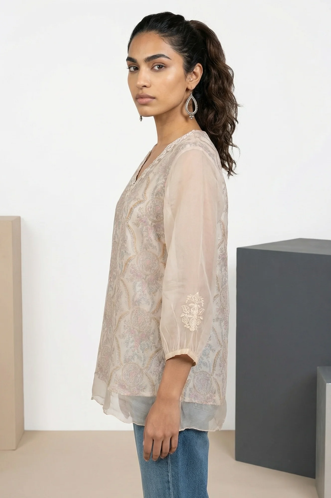 Cream Floral Printed Lace Organza Straight Top with Printed Slip - Image 4