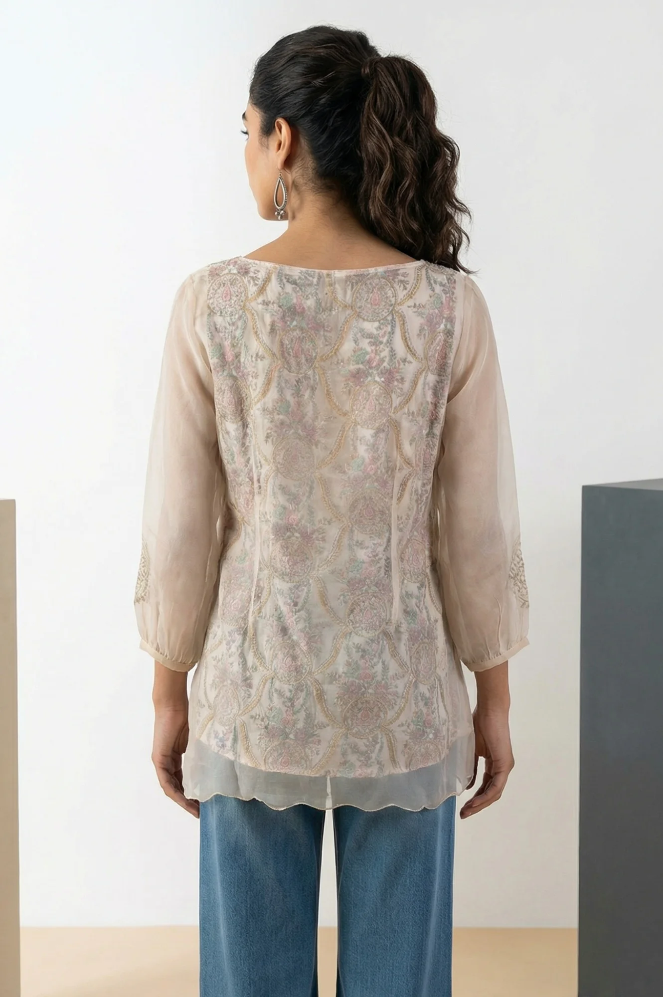 Cream Floral Printed Lace Organza Straight Top with Printed Slip - Image 5