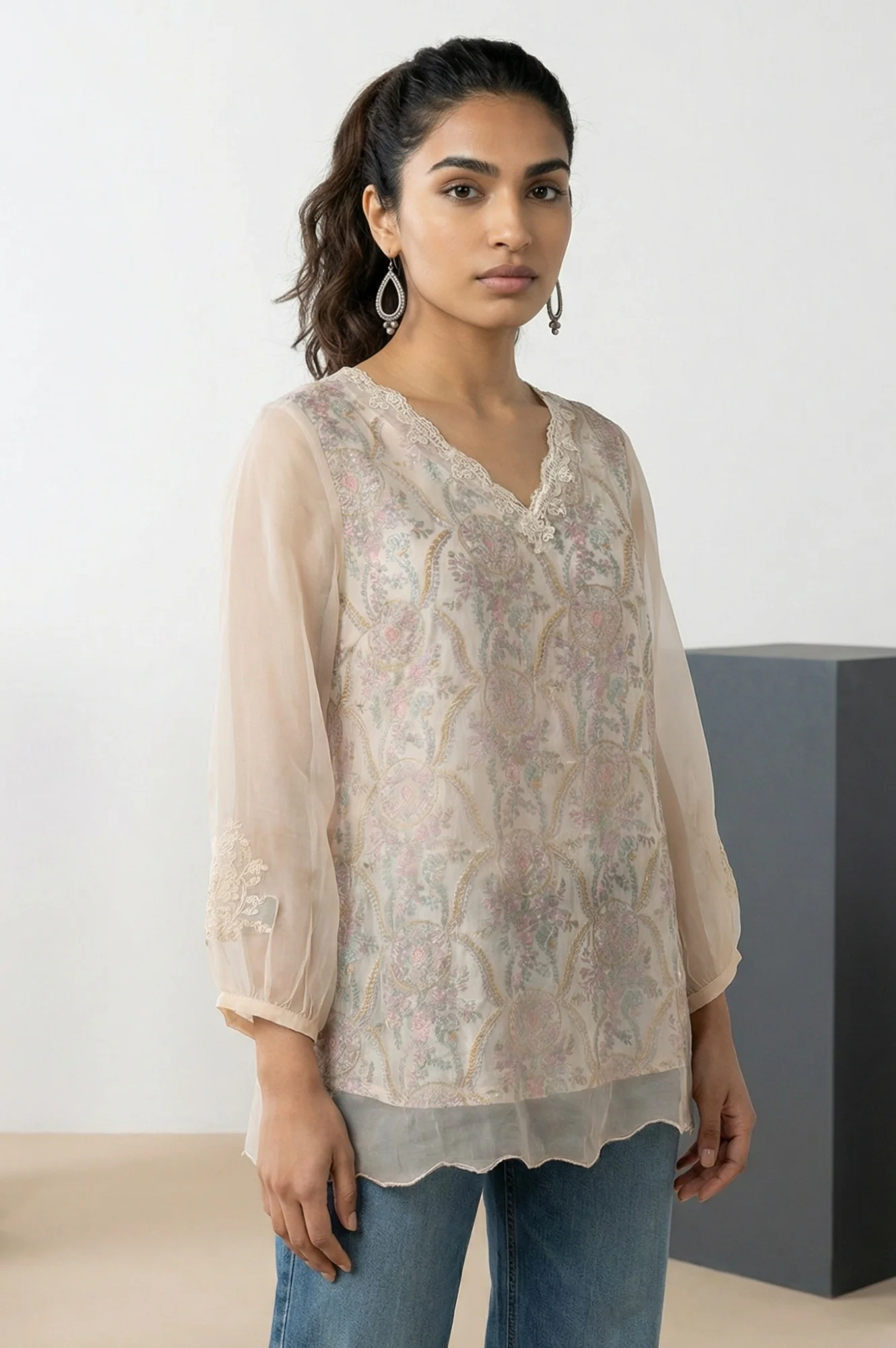 Cream Floral Printed Lace Organza Straight Top with Printed Slip - Image 6