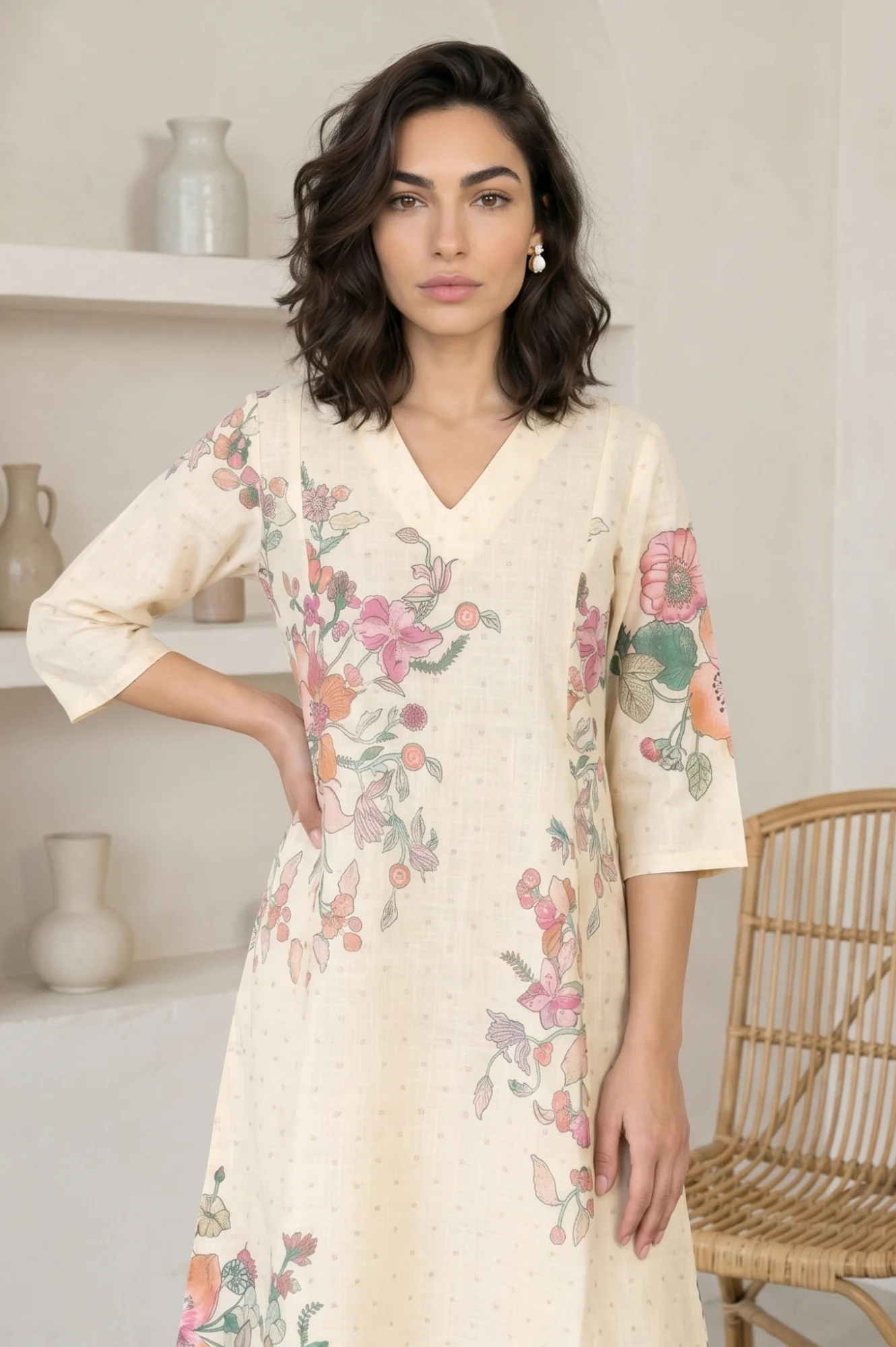 Cream Floral Printed Pure Cotton A-line Kurta - Image 2