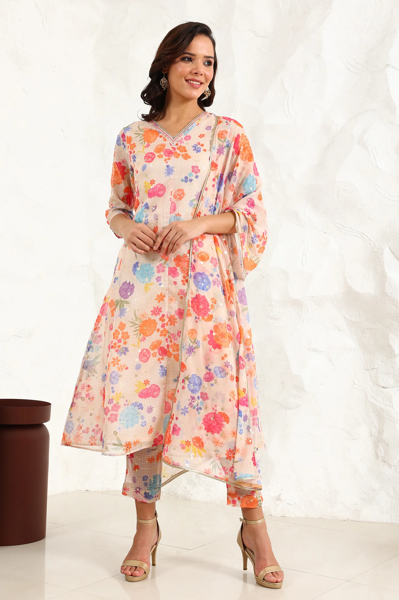 Cream Floral Printed Sequined Kota Flared Kurta, Pants And Dupatta Set - Image 2