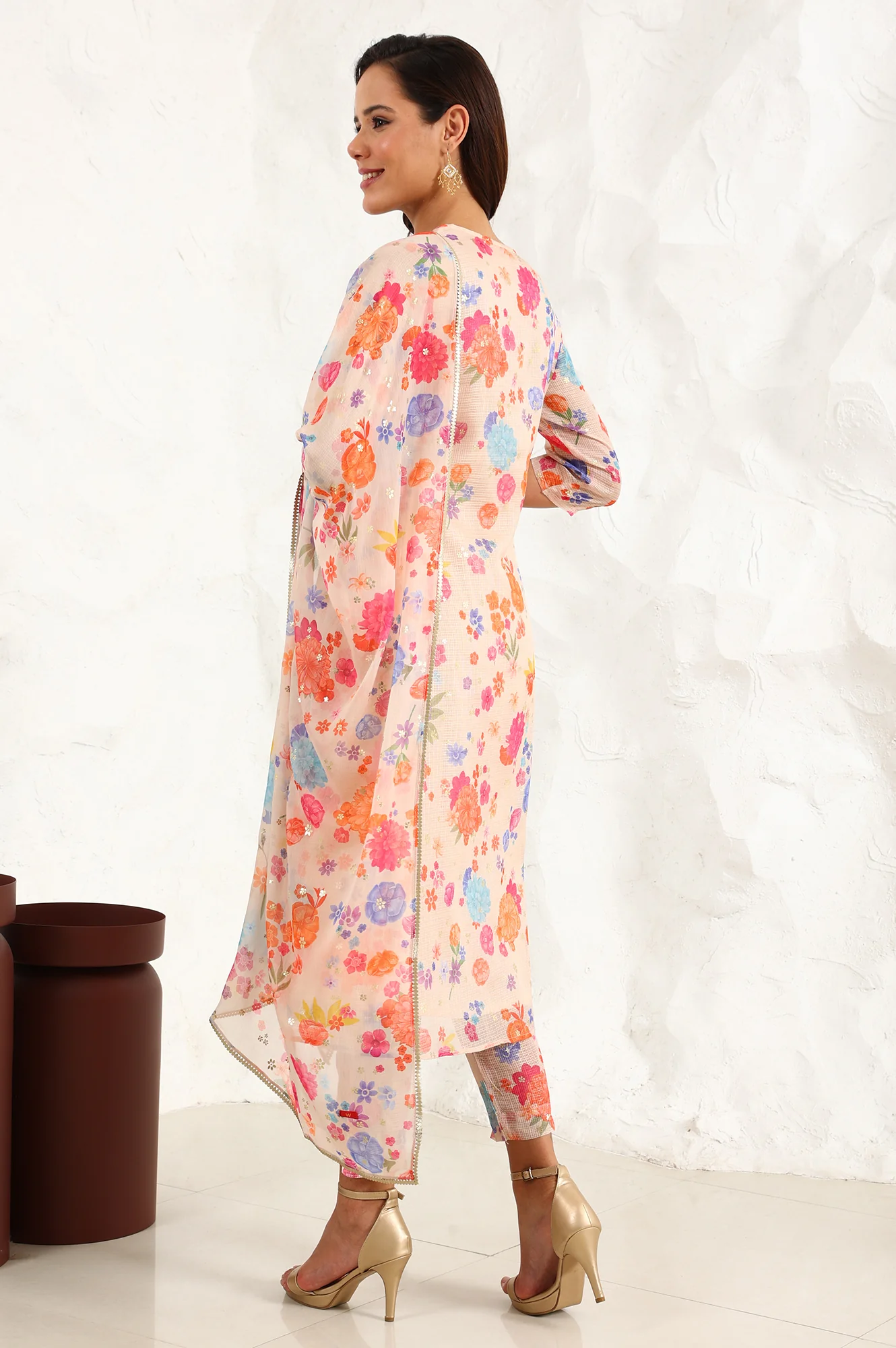 Cream Floral Printed Sequined Kota Flared Kurta, Pants And Dupatta Set - Image 5