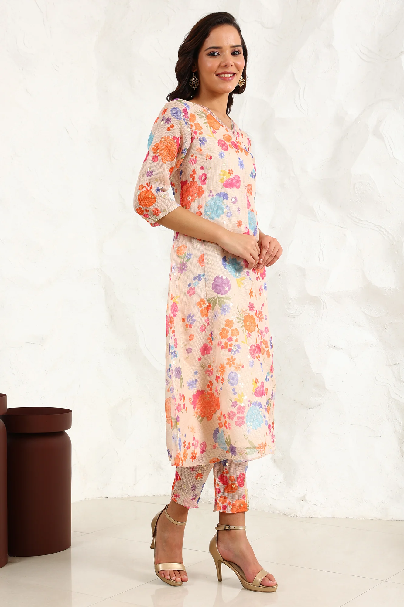 Cream Floral Printed Sequined Kota Flared Kurta, Pants And Dupatta Set - Image 6