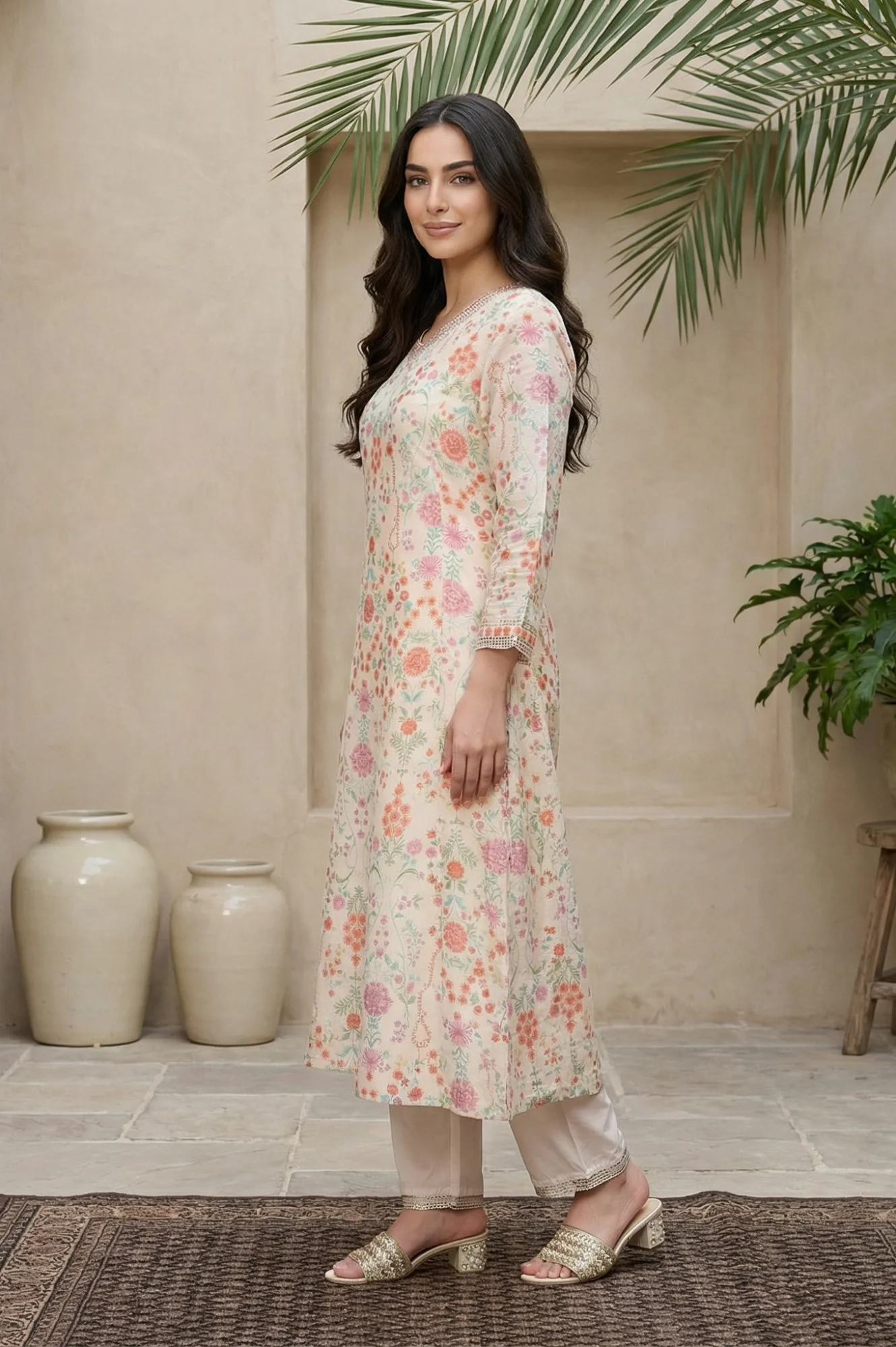 Cream Floral Printed Tissue A-Line Kurta with Straight Pant and Dupatta Set - Image 3