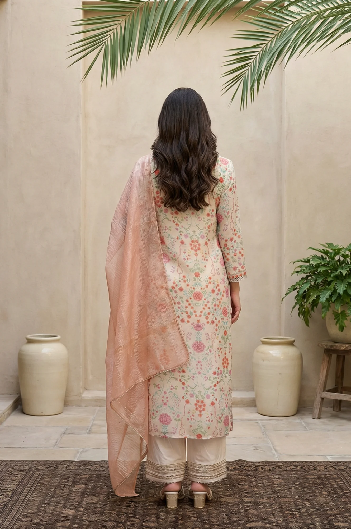 Cream Floral Printed Tissue A-Line Kurta with Straight Pant and Dupatta Set - Image 4