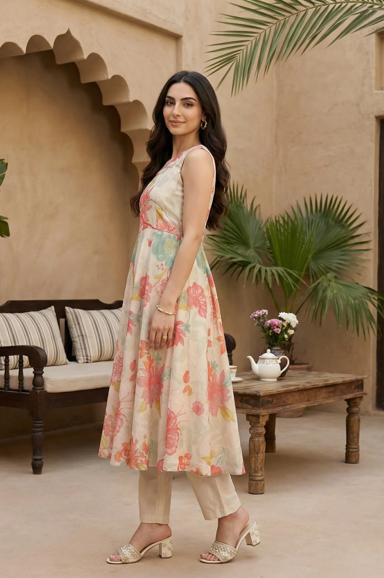 Cream Floral Printed Tissue Crepe Sleeveless Anarkali Kurta with Straight Pants and Dupatta Set - Image 3