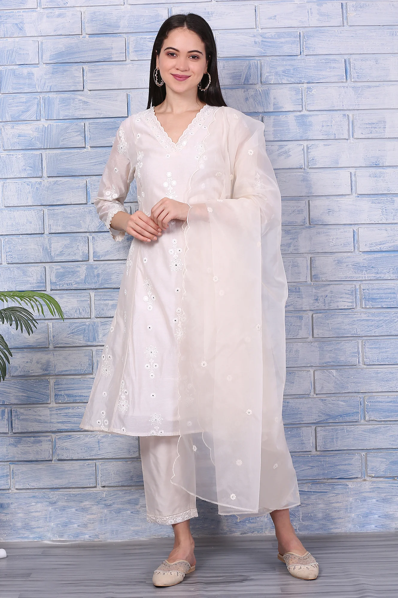 Cream Mirror Work Embroidered Chanderi Flared Kurta, Pants and Dupatta Set - Image 2