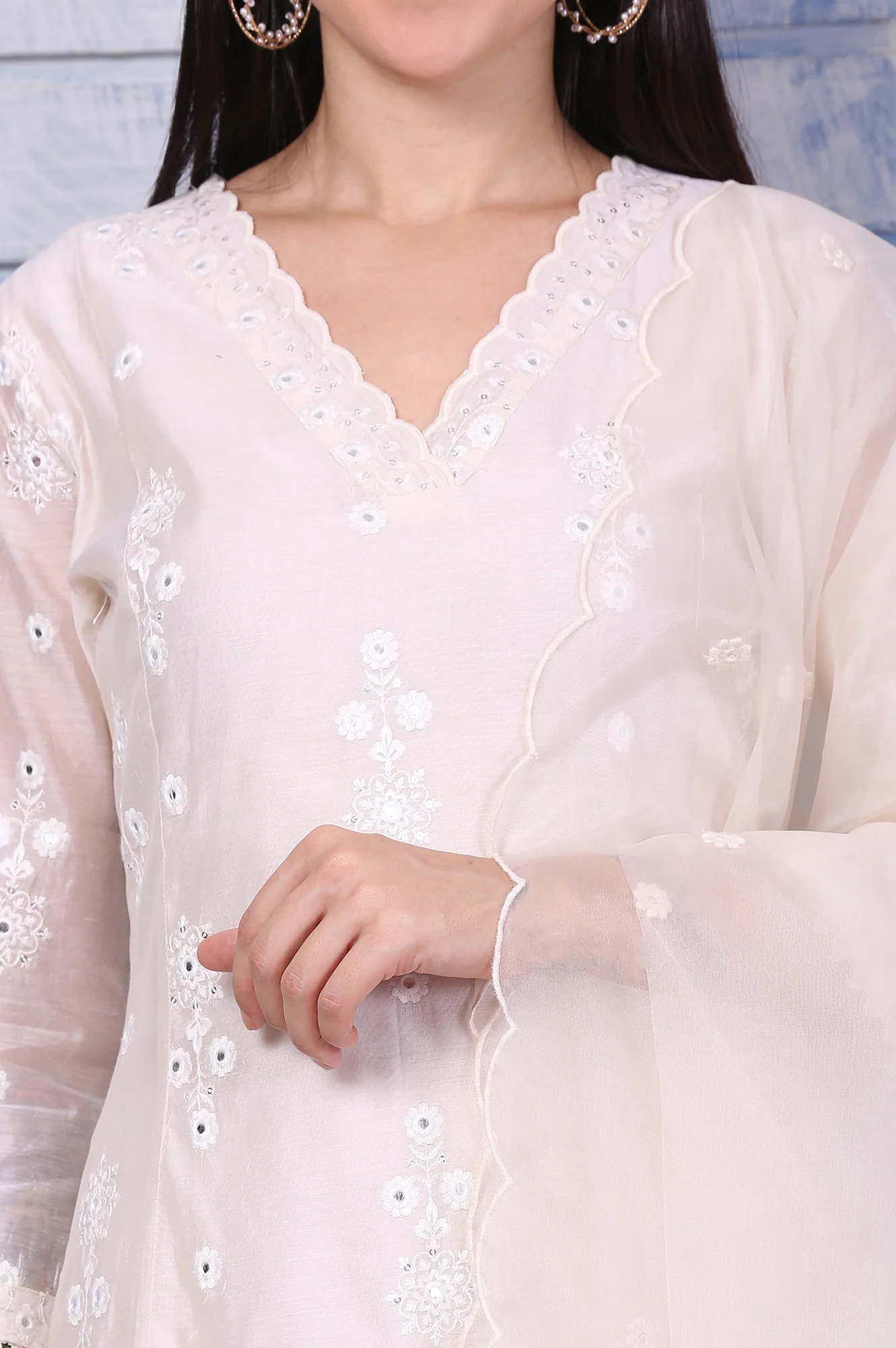 Cream Mirror Work Embroidered Chanderi Flared Kurta, Pants and Dupatta Set - Image 3