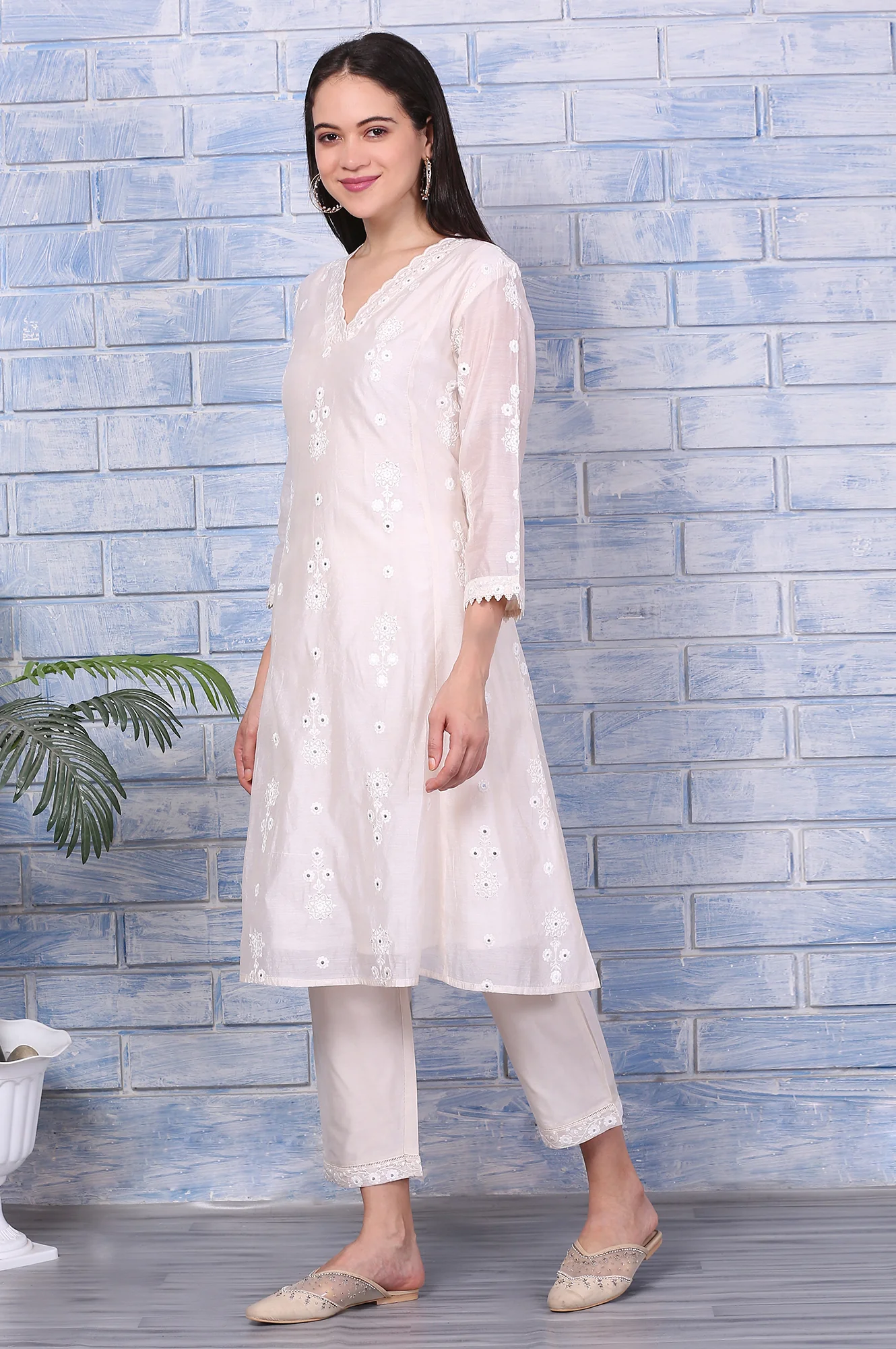Cream Mirror Work Embroidered Chanderi Flared Kurta, Pants and Dupatta Set - Image 4