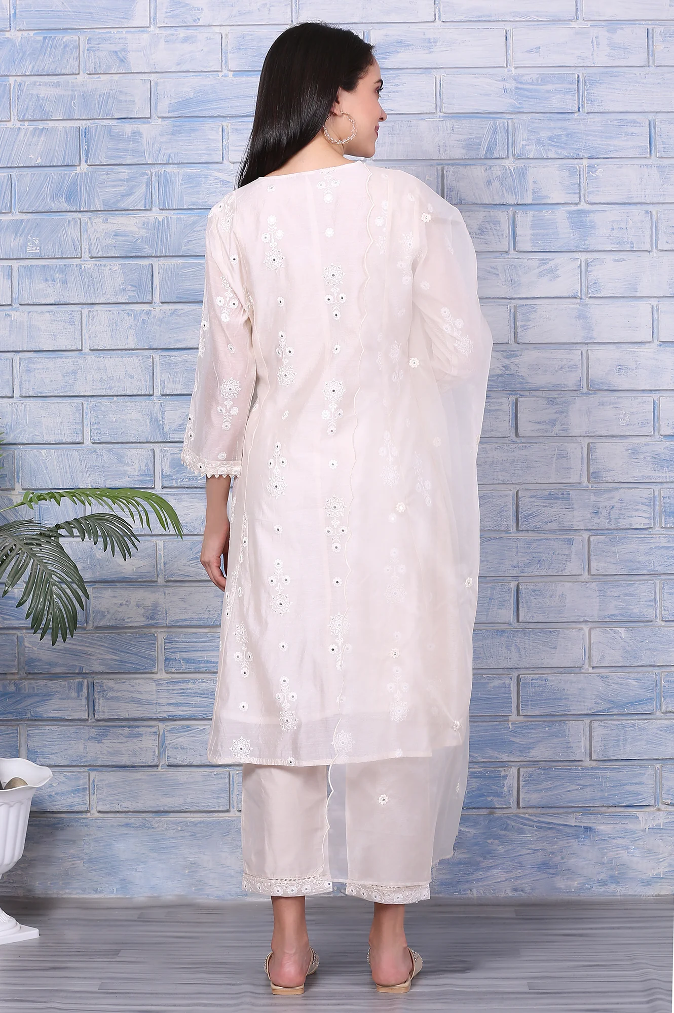 Cream Mirror Work Embroidered Chanderi Flared Kurta, Pants and Dupatta Set - Image 5