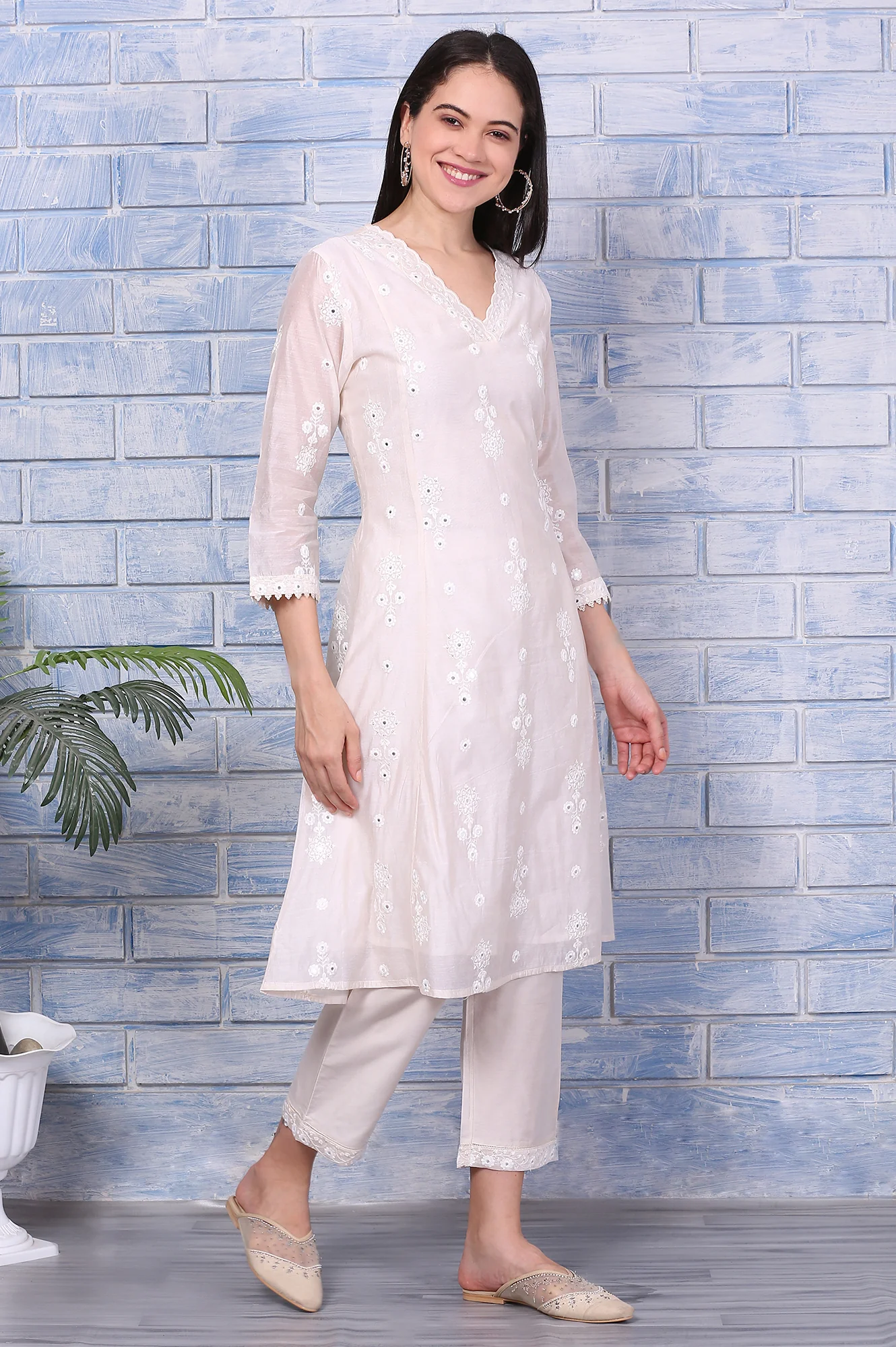 Cream Mirror Work Embroidered Chanderi Flared Kurta, Pants and Dupatta Set - Image 6