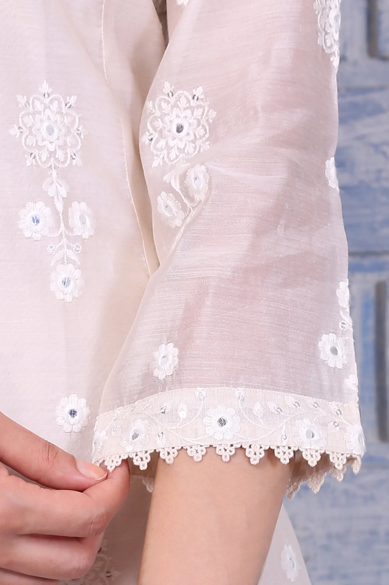 Cream Mirror Work Embroidered Chanderi Flared Kurta, Pants and Dupatta Set - Image 7