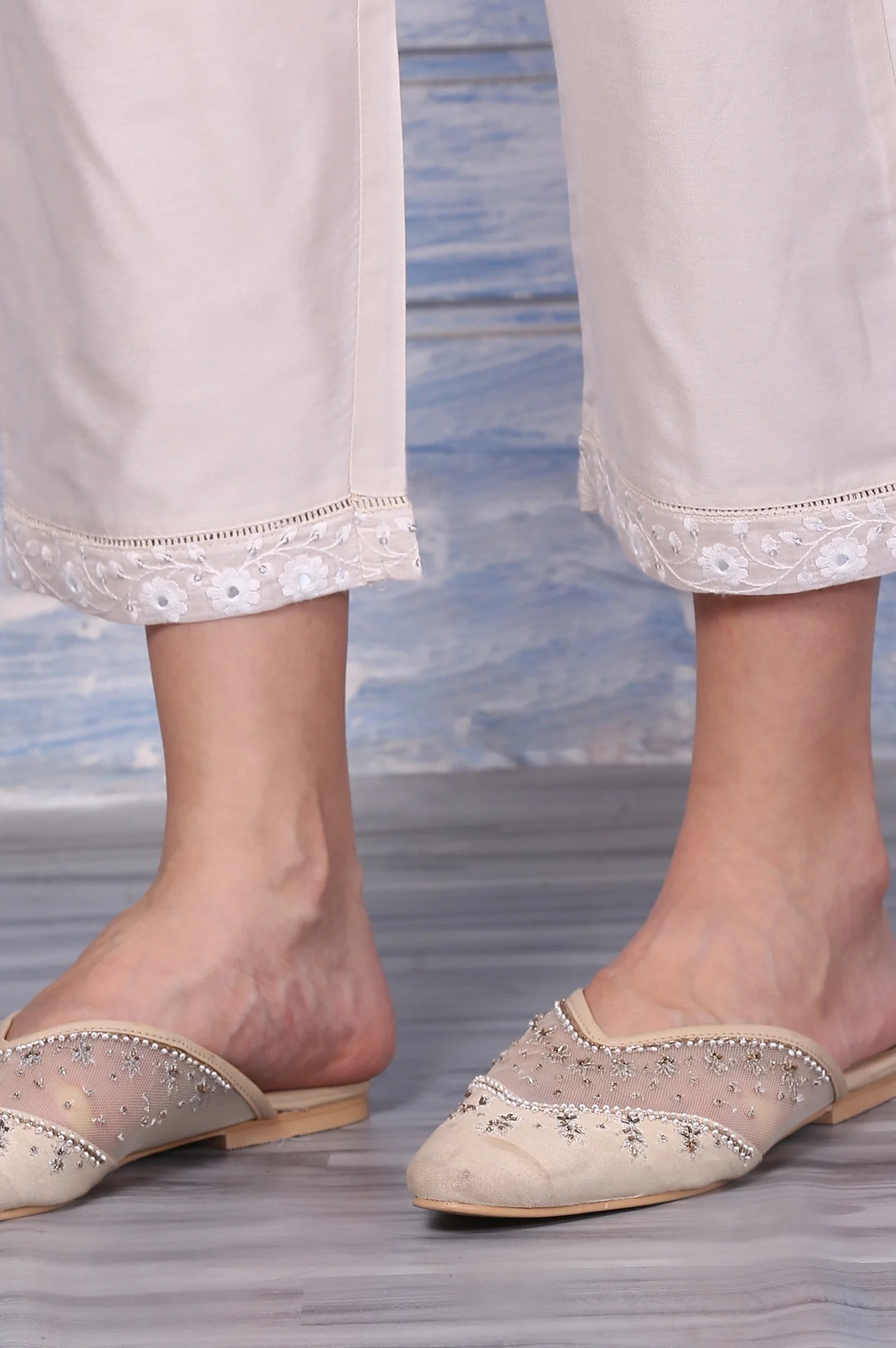 Cream Mirror Work Embroidered Chanderi Flared Kurta, Pants and Dupatta Set - Image 9