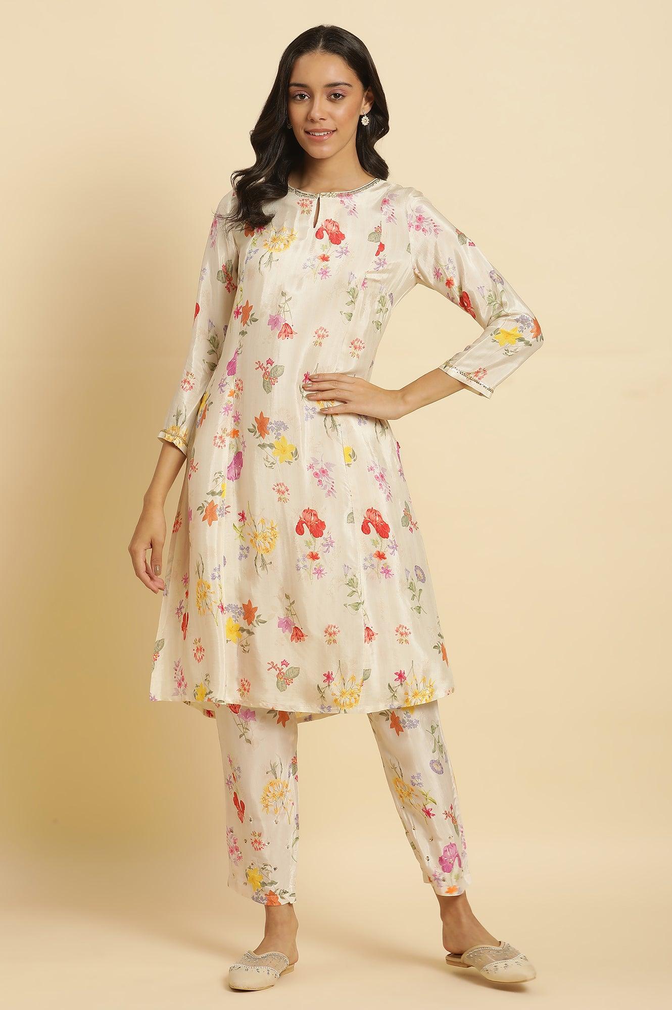 Cream Shantung A-Line Kurta In Multi-Coloured Floral Print - Image 2