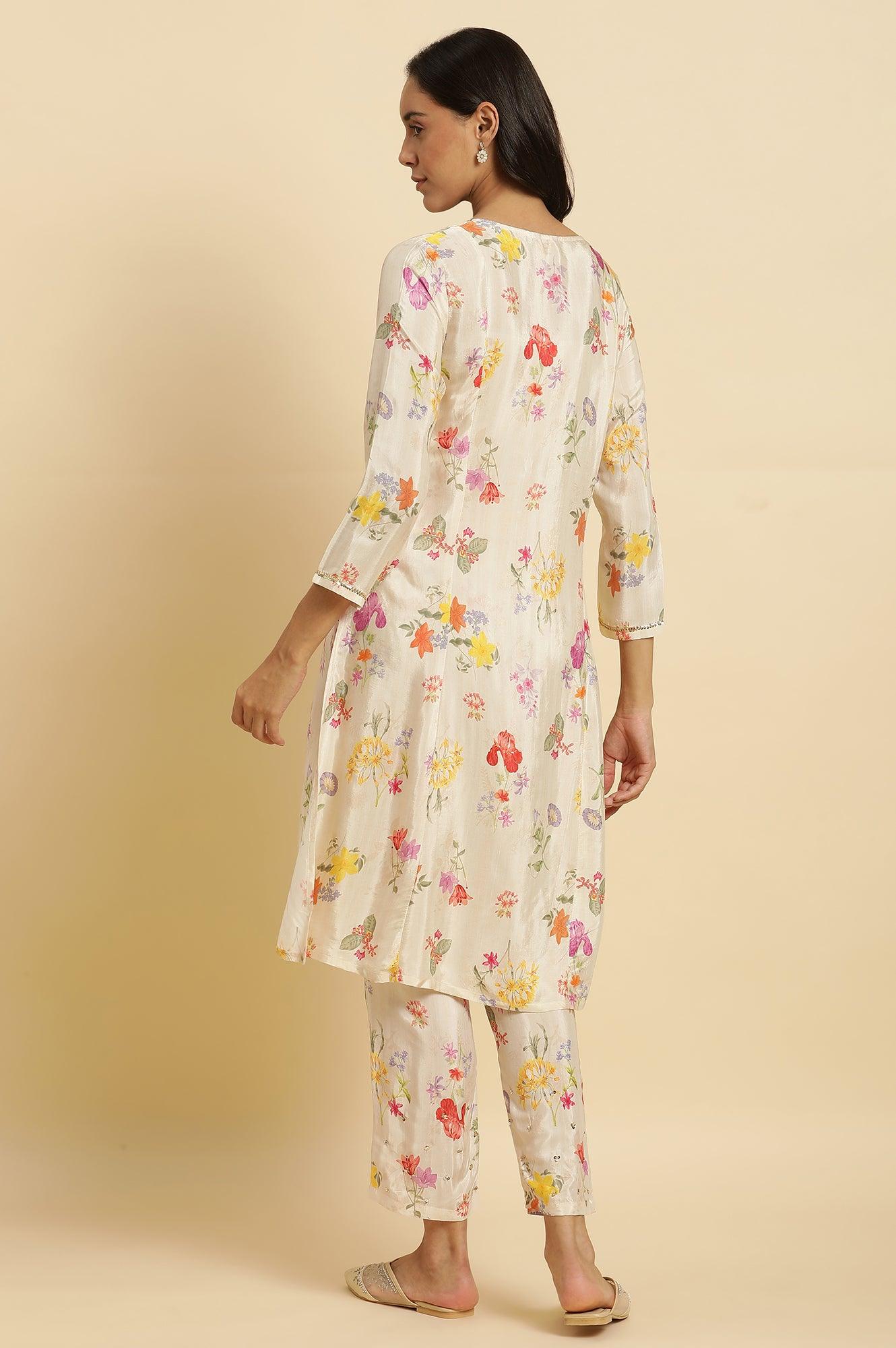 Cream Shantung A-Line Kurta In Multi-Coloured Floral Print - Image 4