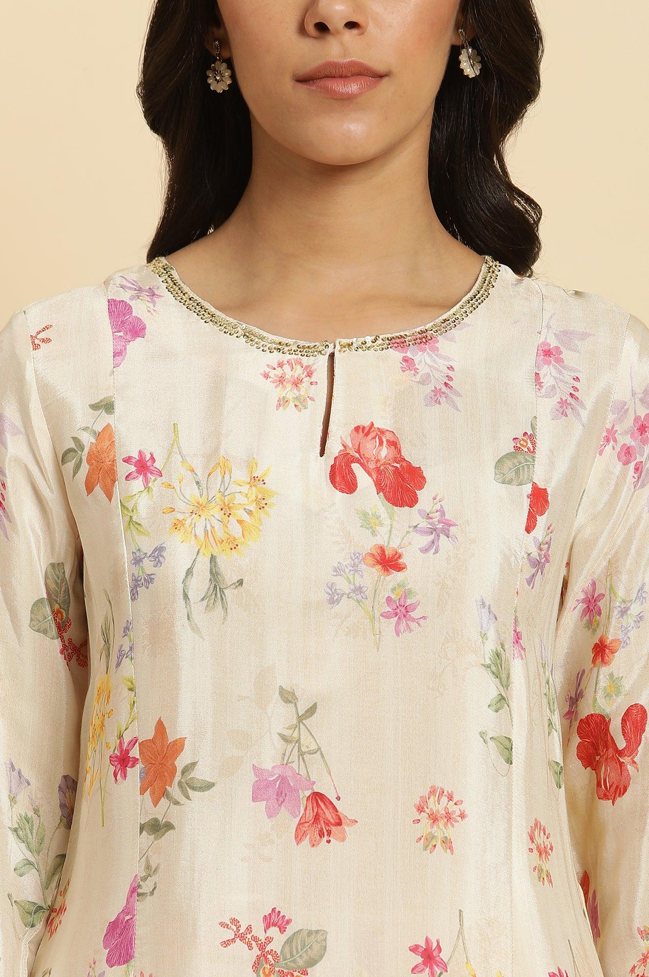 Cream Shantung A-Line Kurta In Multi-Coloured Floral Print - Image 6