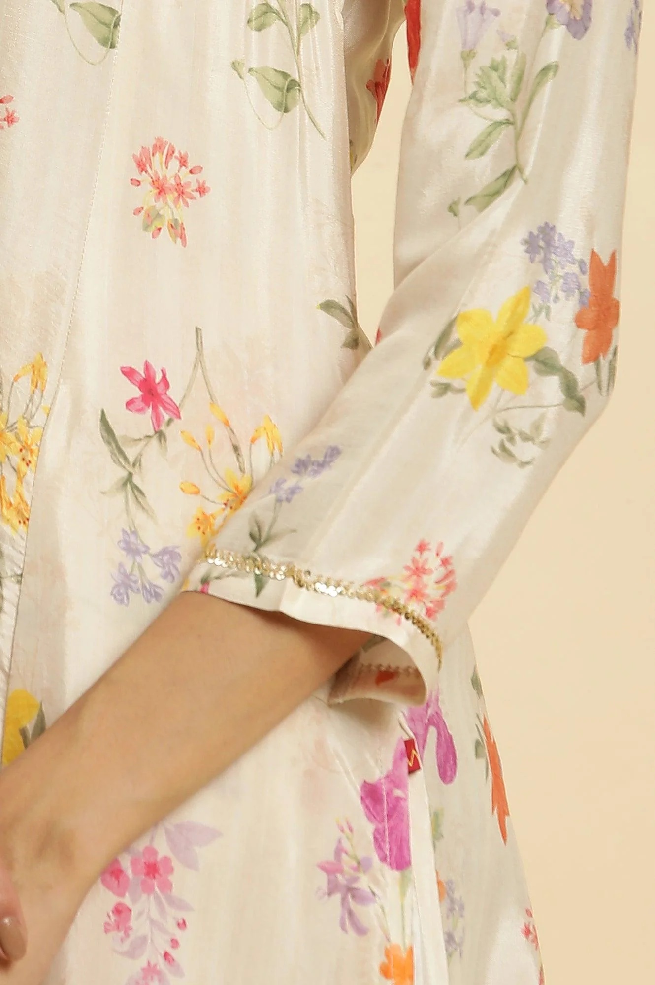 Cream Shantung A-Line Kurta In Multi-Coloured Floral Print - Image 7