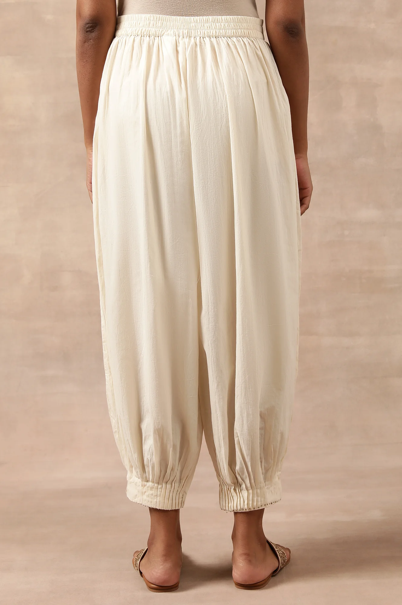 Cream Solid Beaded Tapered Cotton Salwar - Image 4