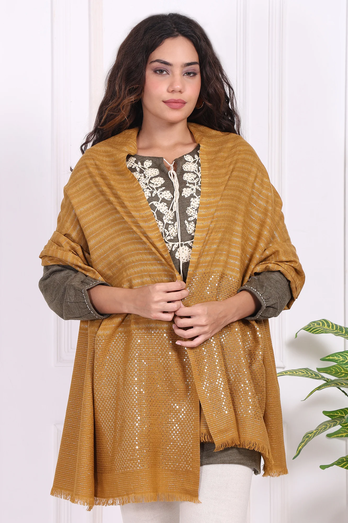 Cream Striped Sequined Shawl Acrylic Stole