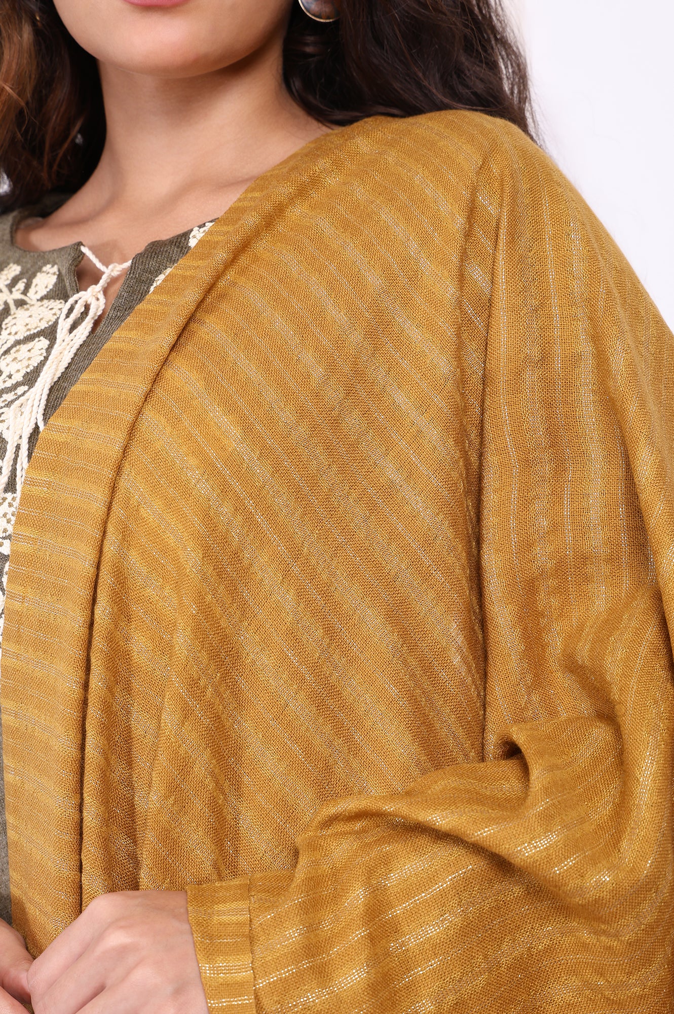 Cream Striped Sequined Shawl Acrylic Stole - Image 3