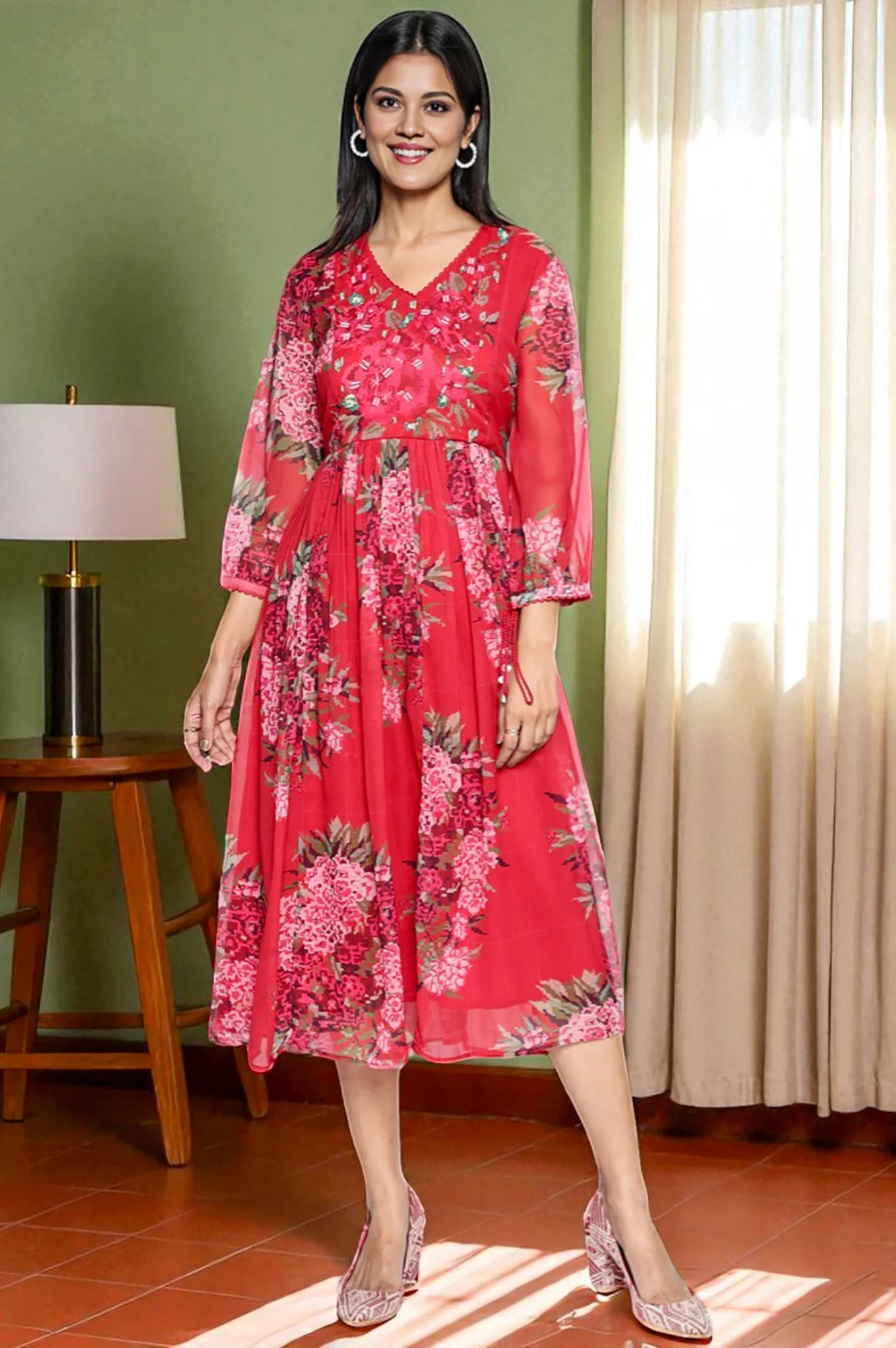 Crimson Red Printed Chiffon Flared Dress - Image 2