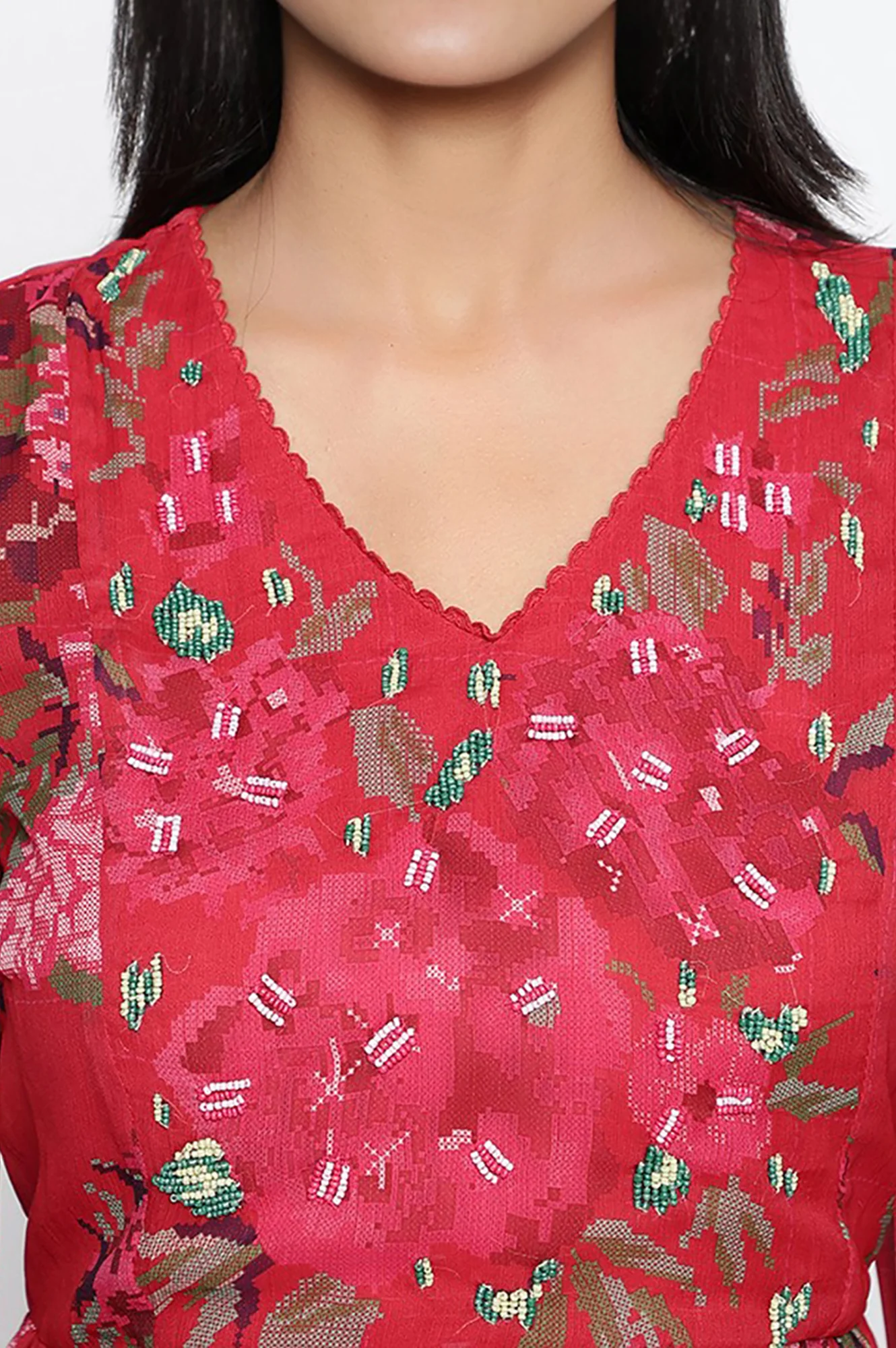 Crimson Red Printed Chiffon Flared Dress - Image 3