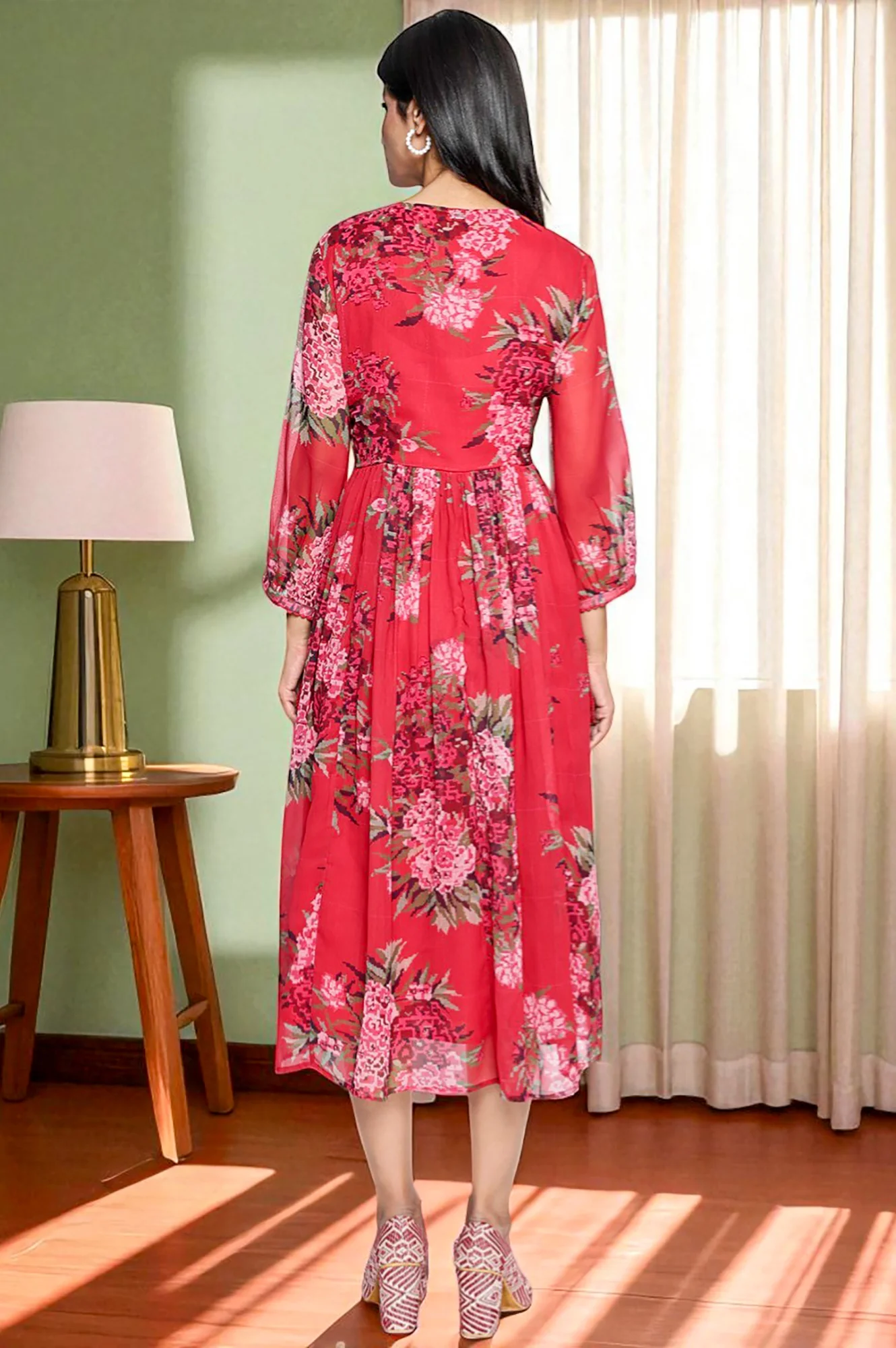 Crimson Red Printed Chiffon Flared Dress - Image 5
