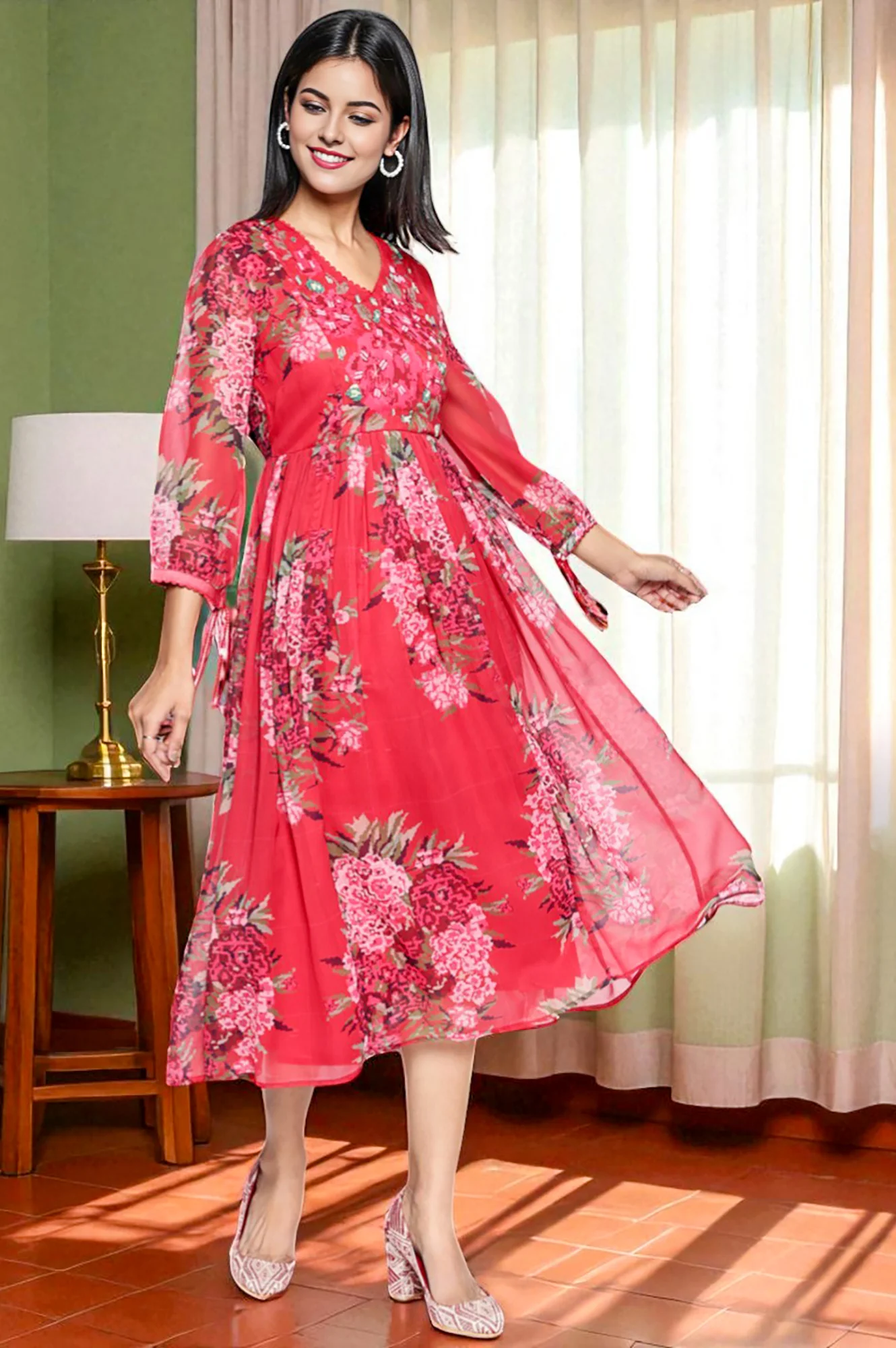 Crimson Red Printed Chiffon Flared Dress - Image 6
