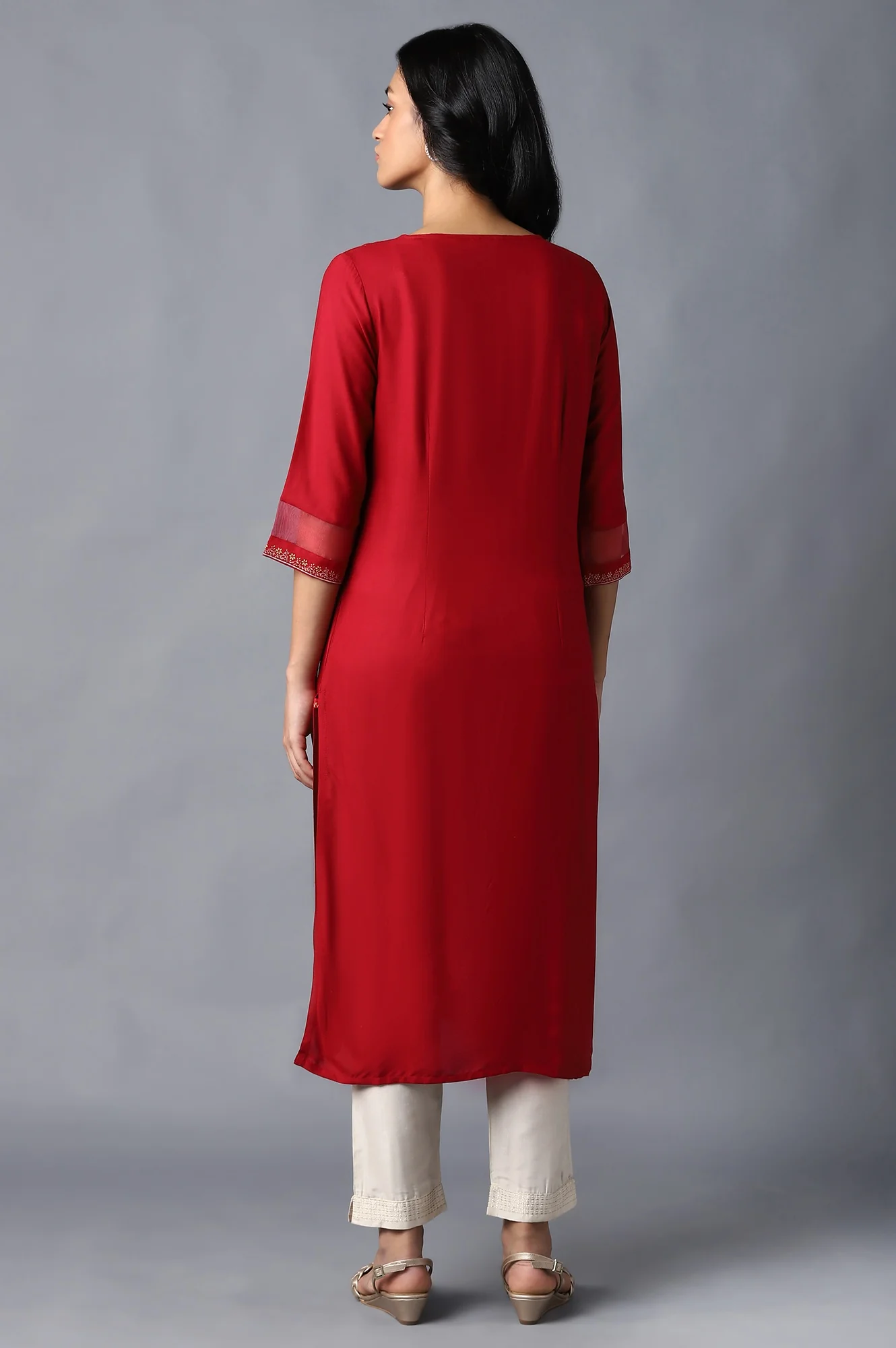 Crimson Red Cotton Straight Printed Kurta - Image 2