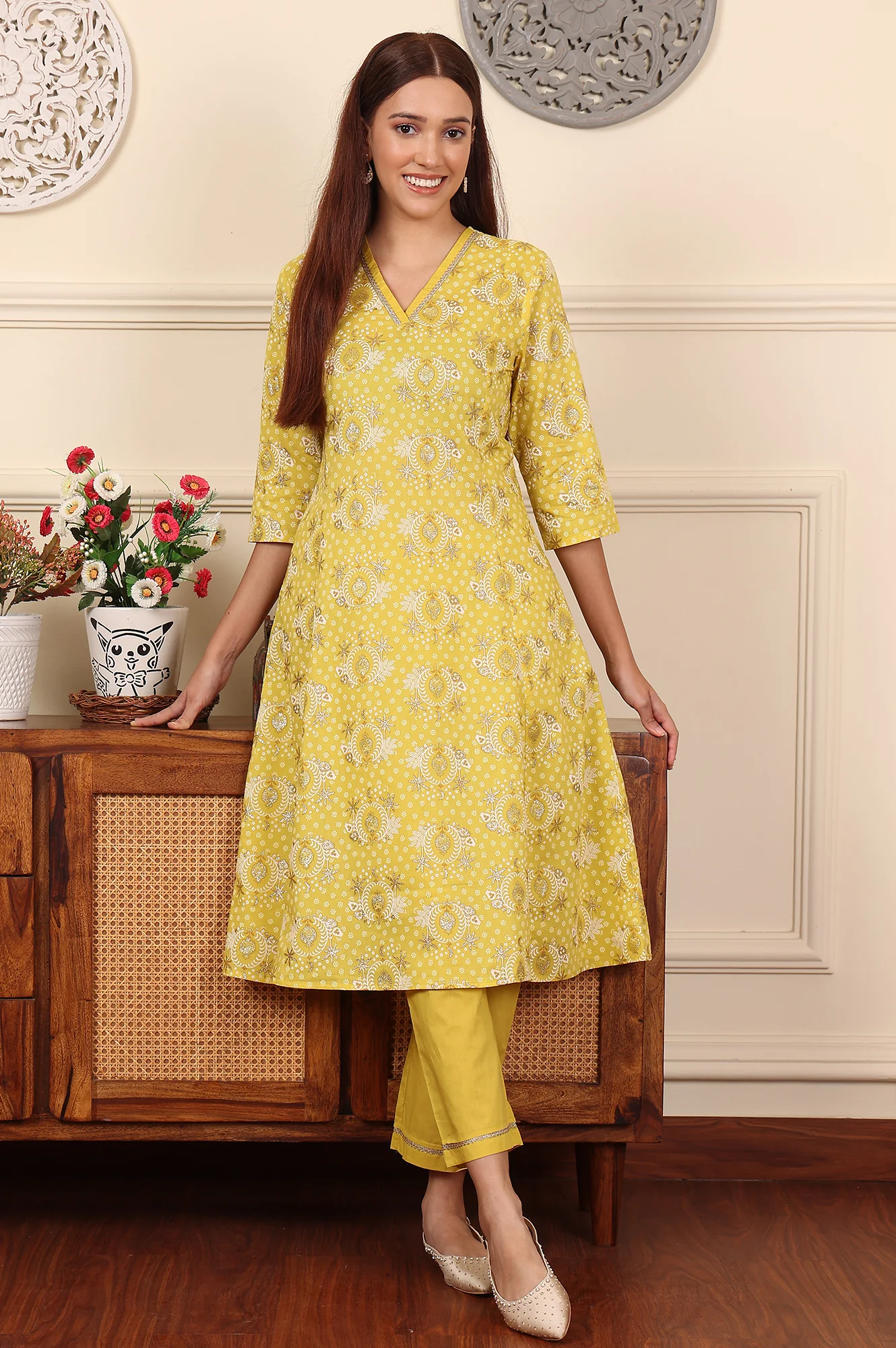 Custard Yellow Floral Printed Embroidered A-Line Pure Cotton Kurta And Pants Co-Ord Set