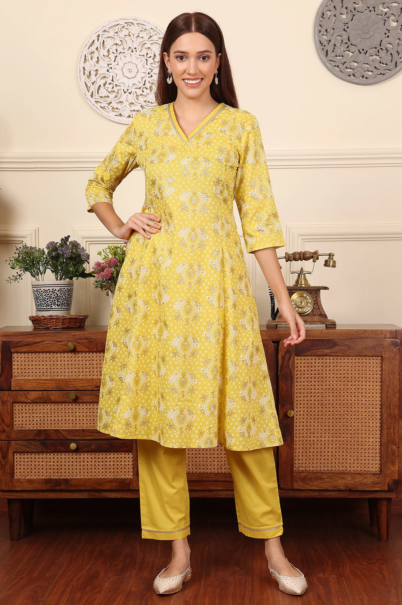 Custard Yellow Floral Printed Embroidered A-Line Pure Cotton Kurta And Pants Co-Ord Set - Image 2