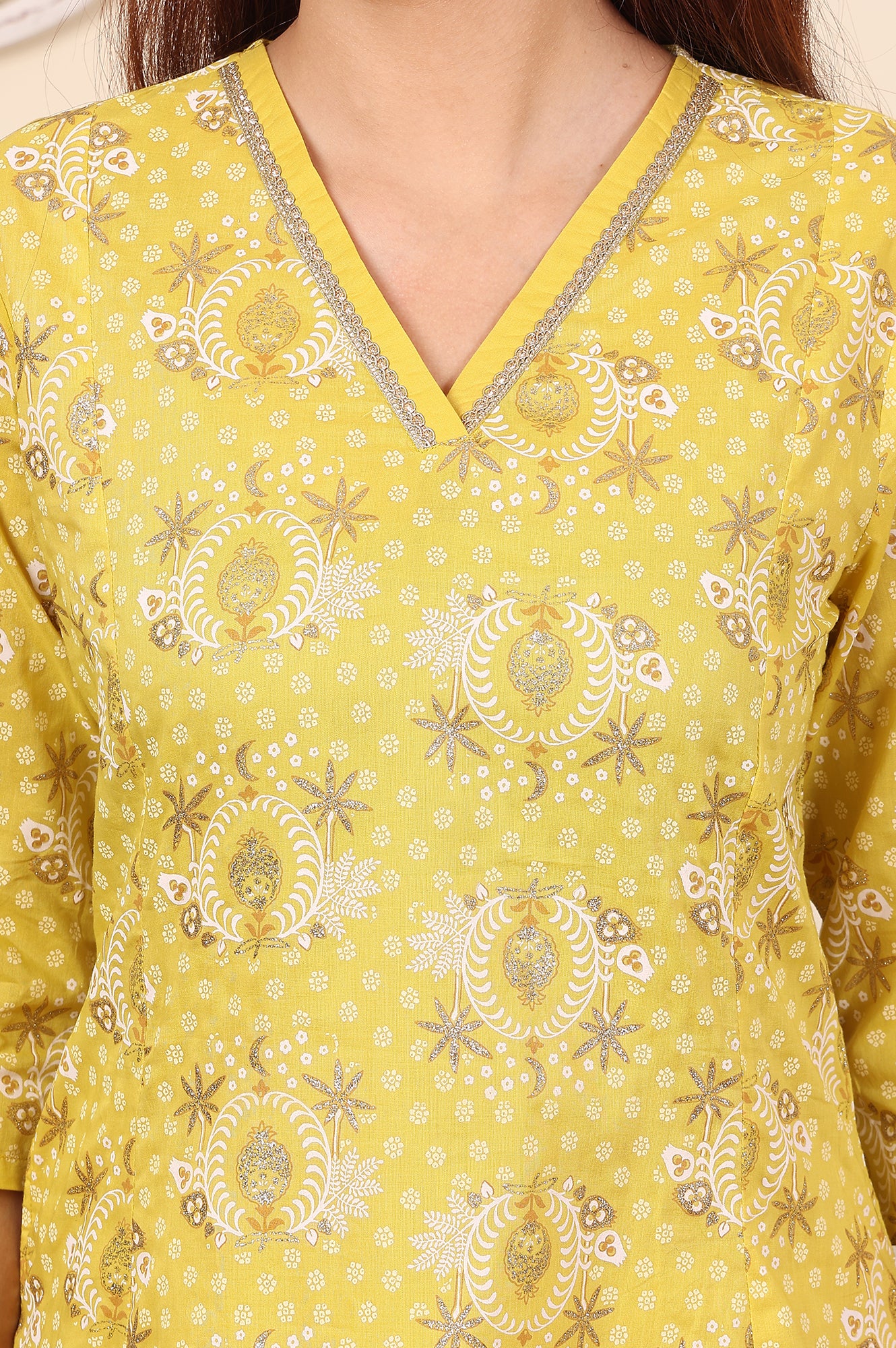 Custard Yellow Floral Printed Embroidered A-Line Pure Cotton Kurta And Pants Co-Ord Set - Image 3