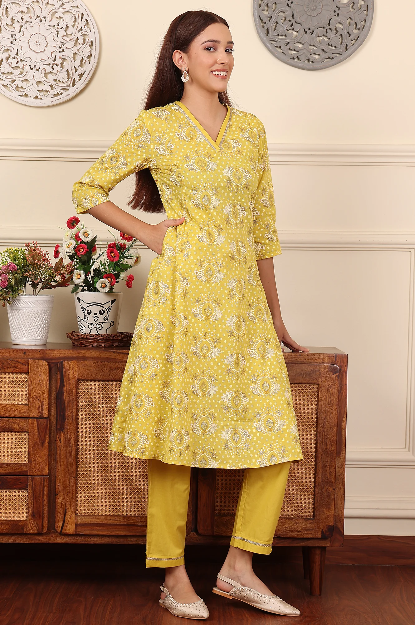 Custard Yellow Floral Printed Embroidered A-Line Pure Cotton Kurta And Pants Co-Ord Set - Image 4
