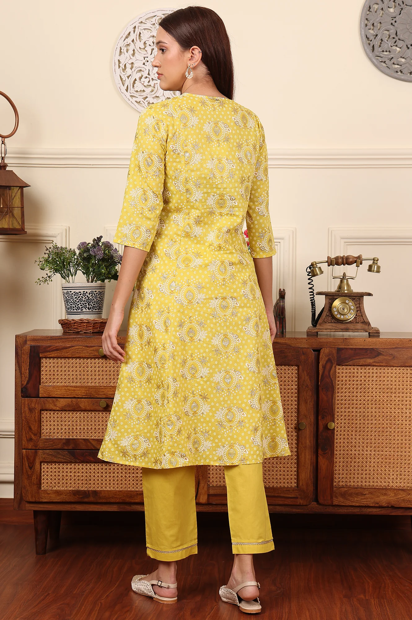 Custard Yellow Floral Printed Embroidered A-Line Pure Cotton Kurta And Pants Co-Ord Set - Image 5