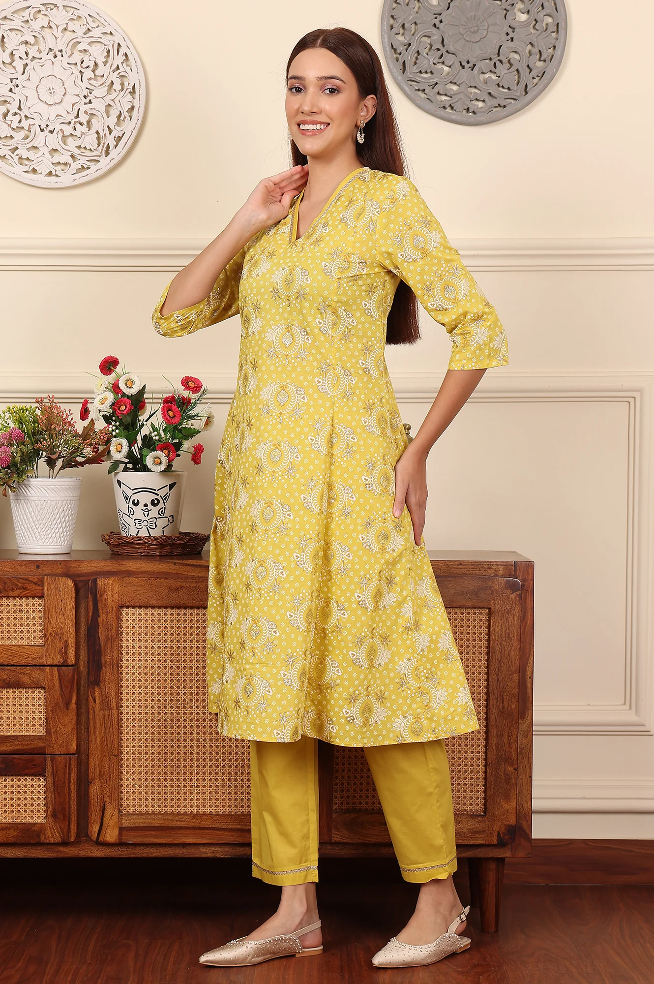 Custard Yellow Floral Printed Embroidered A-Line Pure Cotton Kurta And Pants Co-Ord Set - Image 6