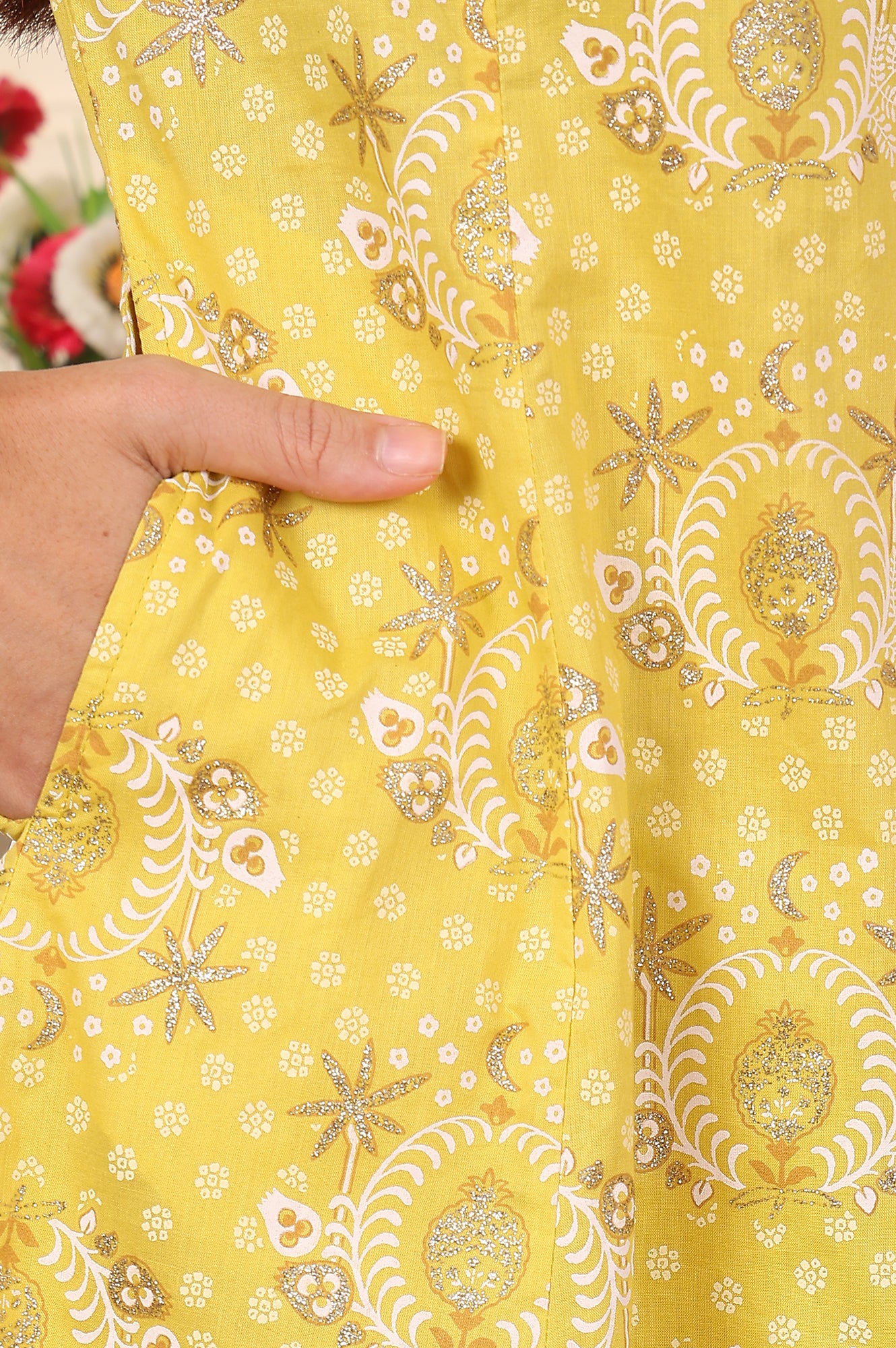 Custard Yellow Floral Printed Embroidered A-Line Pure Cotton Kurta And Pants Co-Ord Set - Image 7