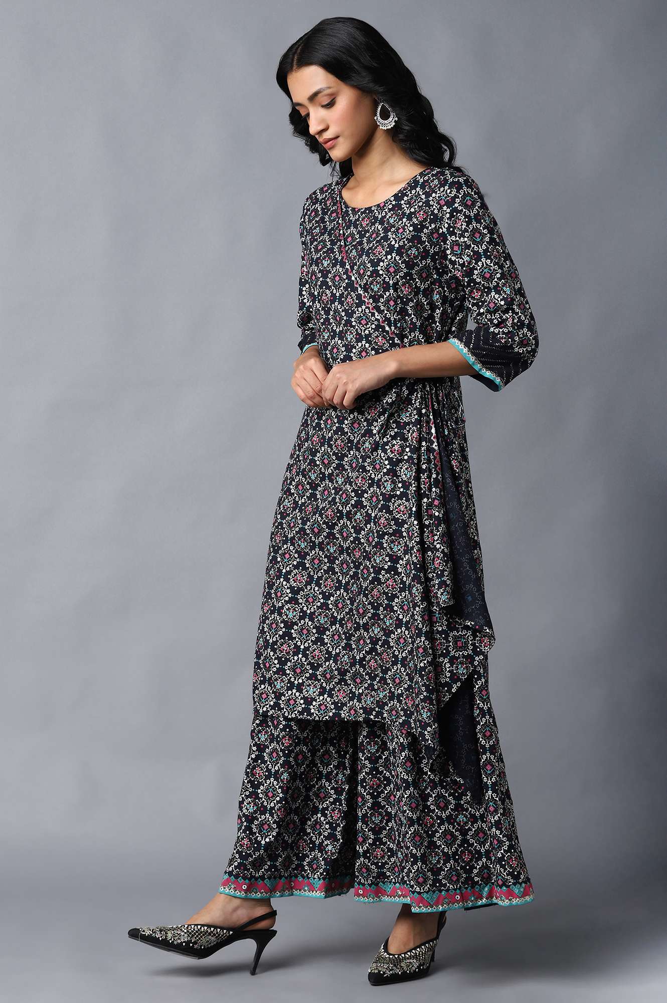 Dark Blue Angrakha Jumpsuit In Round Neck - Image 3