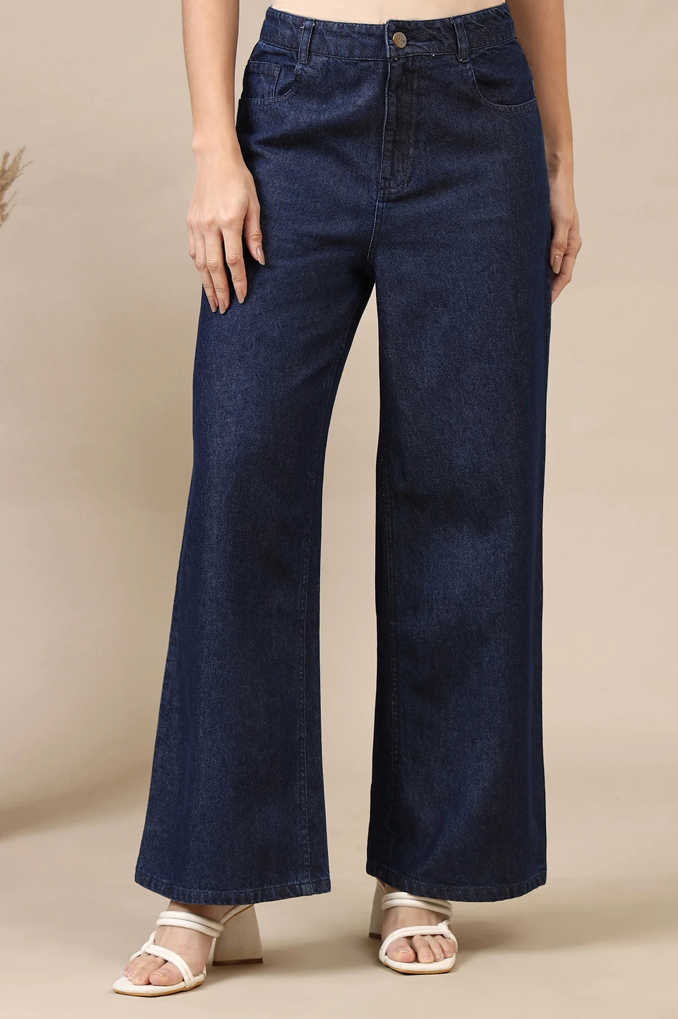 Navy Blue Solid Flared Cotton Denim Pants with High-waisted Design - Image 2