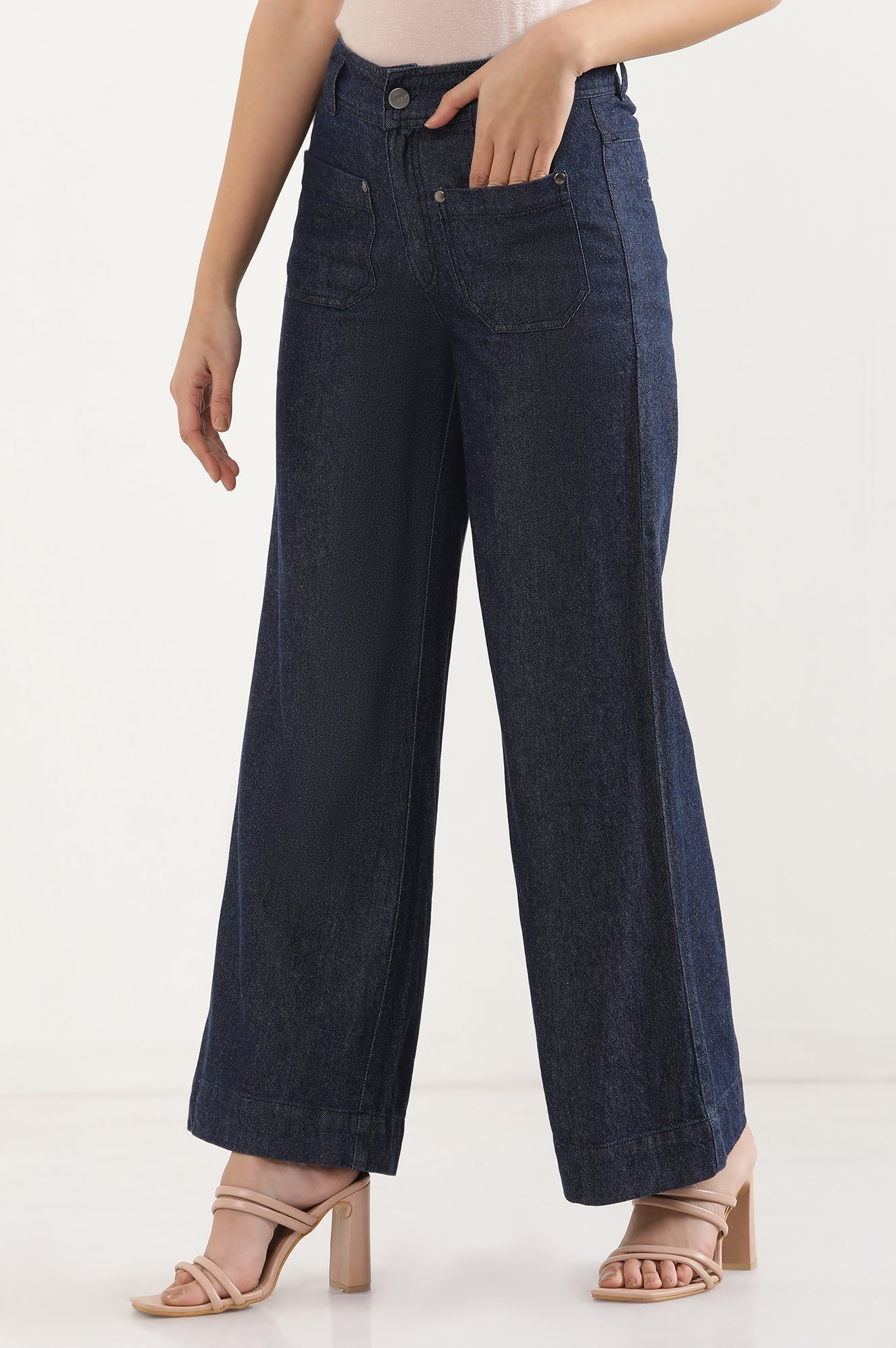 Elleven Women's Navy Blue Solid Flared Denim Pants with Button Detail - Image 3