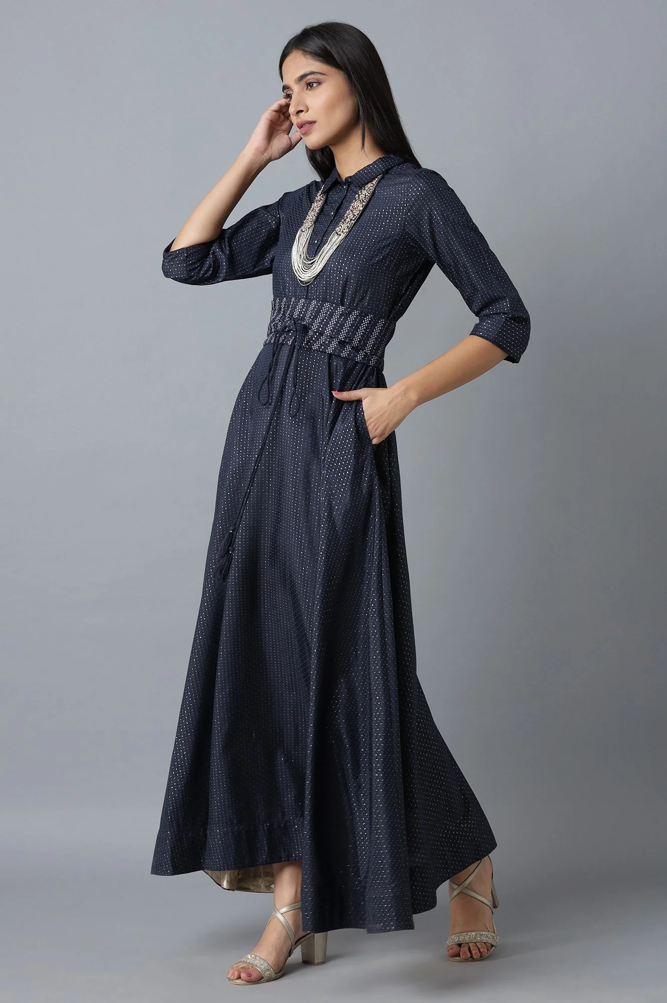 Dark Blue Dress in Polka Print - Image 3