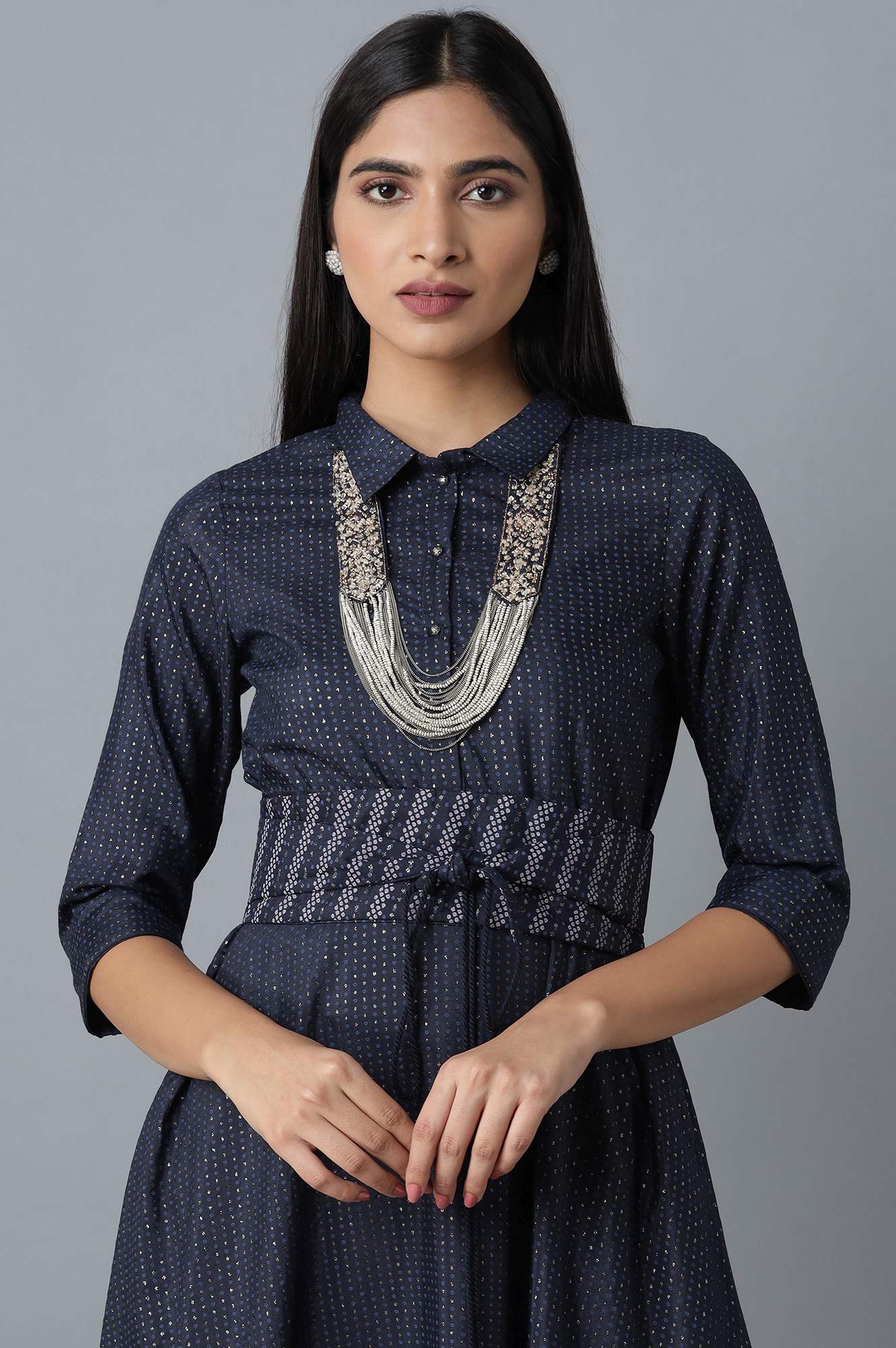 Dark Blue Dress in Polka Print - Image 5