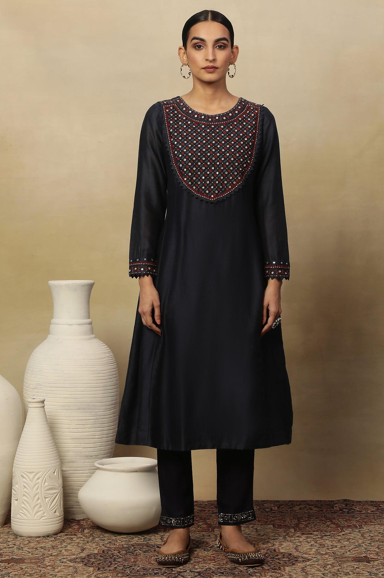Dark Blue Embroidered Cotton Silk Kurta - Image 2