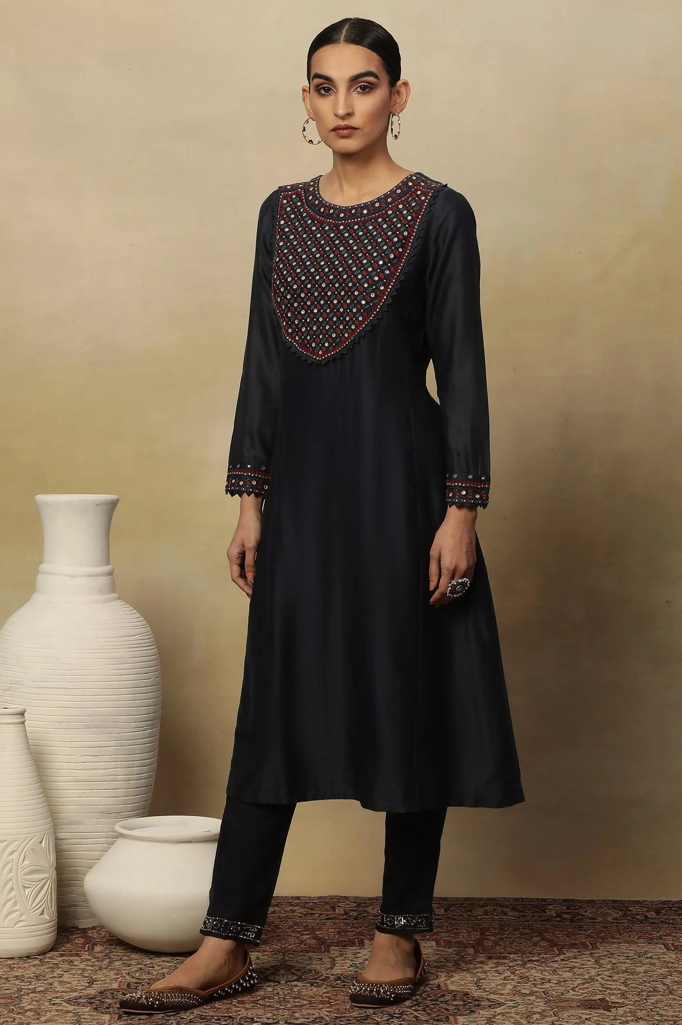 Dark Blue Embroidered Cotton Silk Kurta - Image 3
