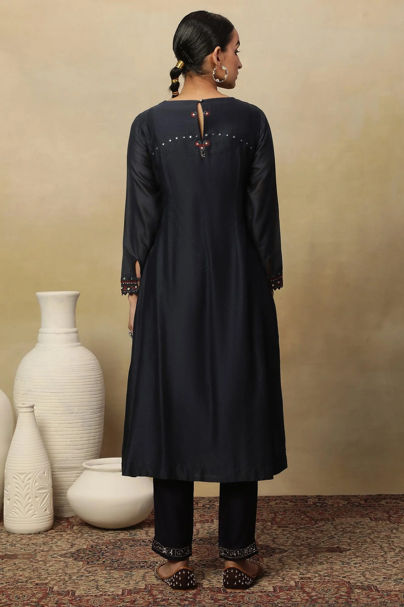 Dark Blue Embroidered Cotton Silk Kurta - Image 4