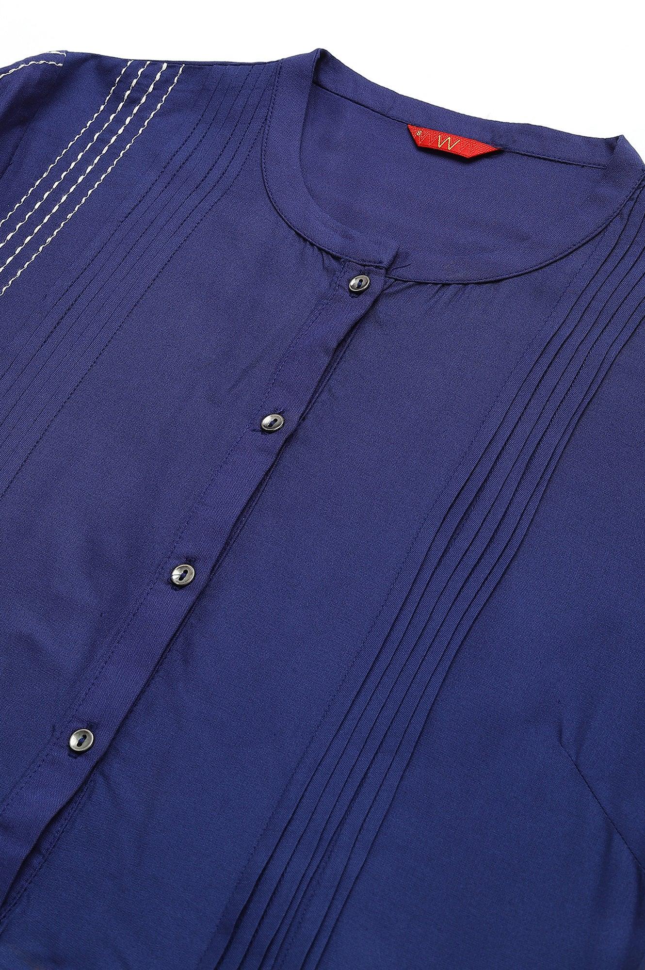 Dark Blue Embroidered kurta With Pleats - Image 2