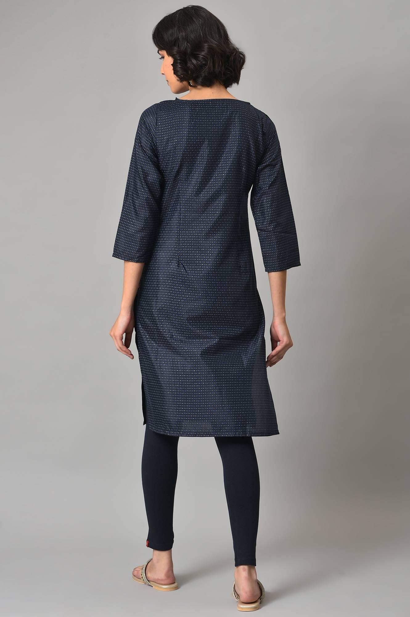 Dark Blue Embroidered kurta With Tights - Image 2